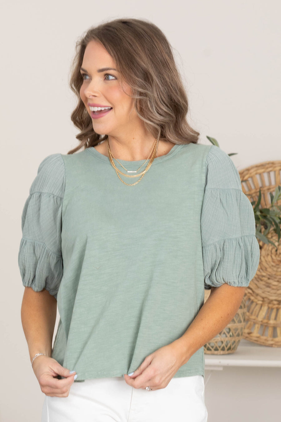 Sage Mineral Washed Puff Sleeve Top