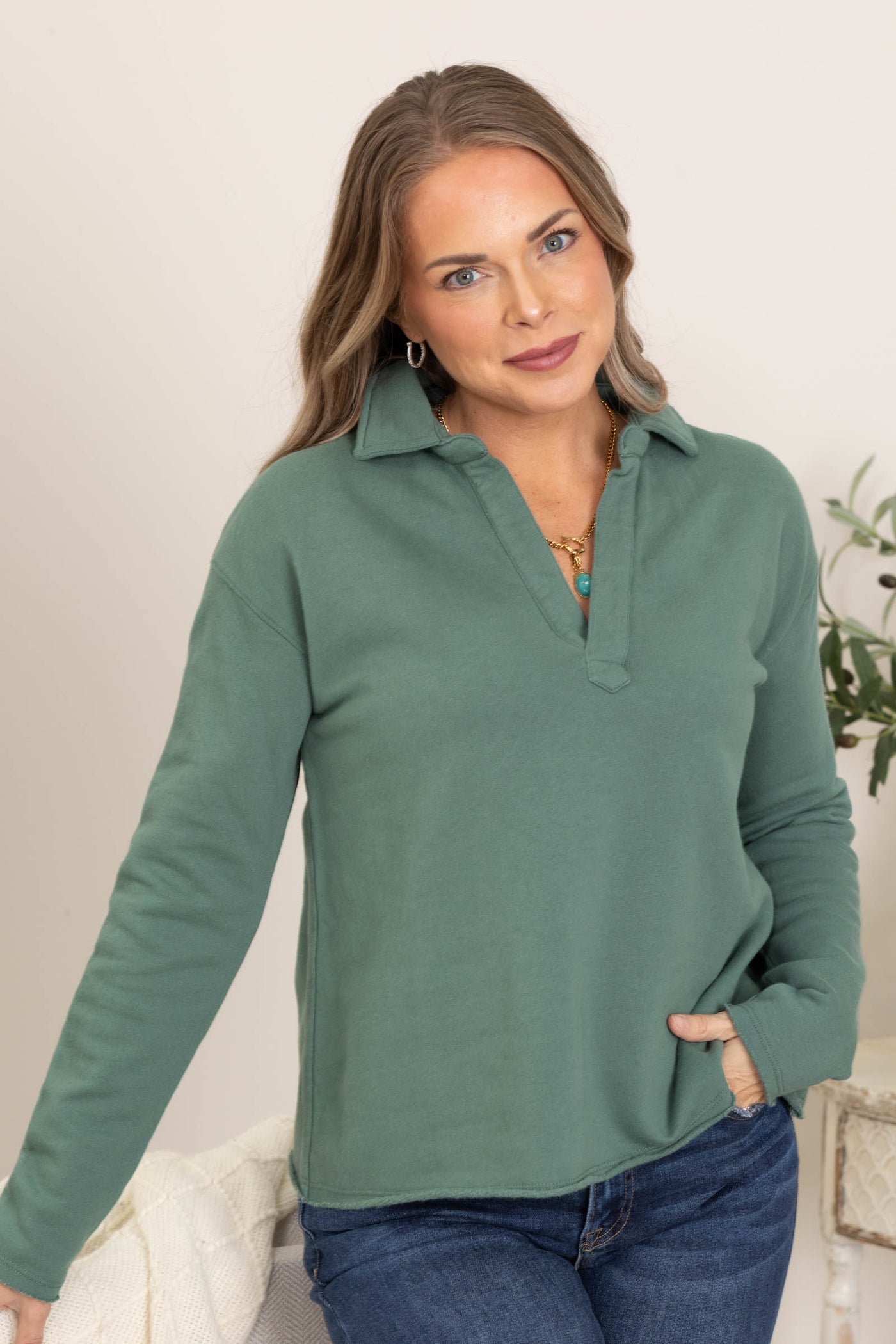 Raw Edge French Terry Top With V-Neck
