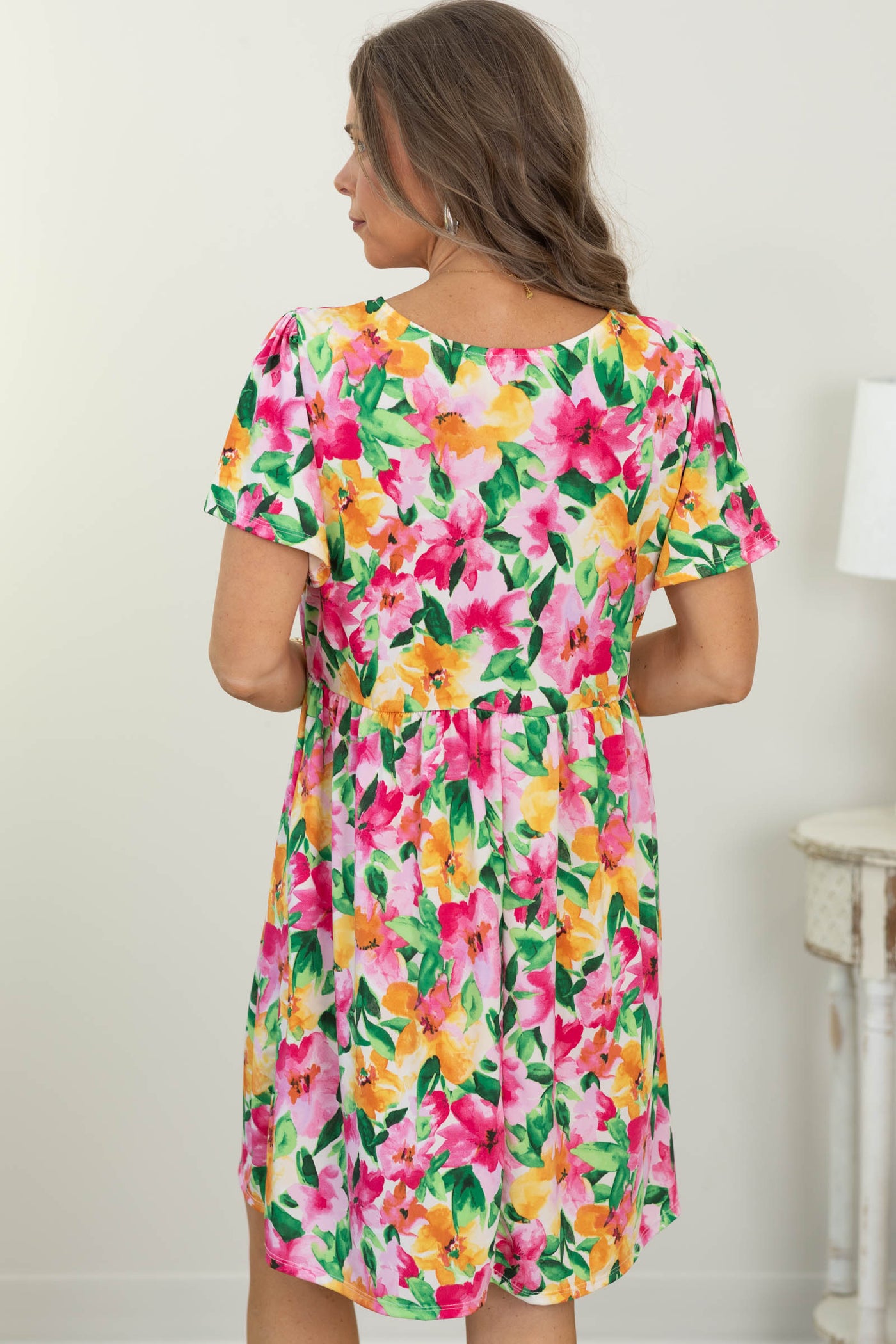 Pink And Marigold Floral Babydoll V-Neck Dress