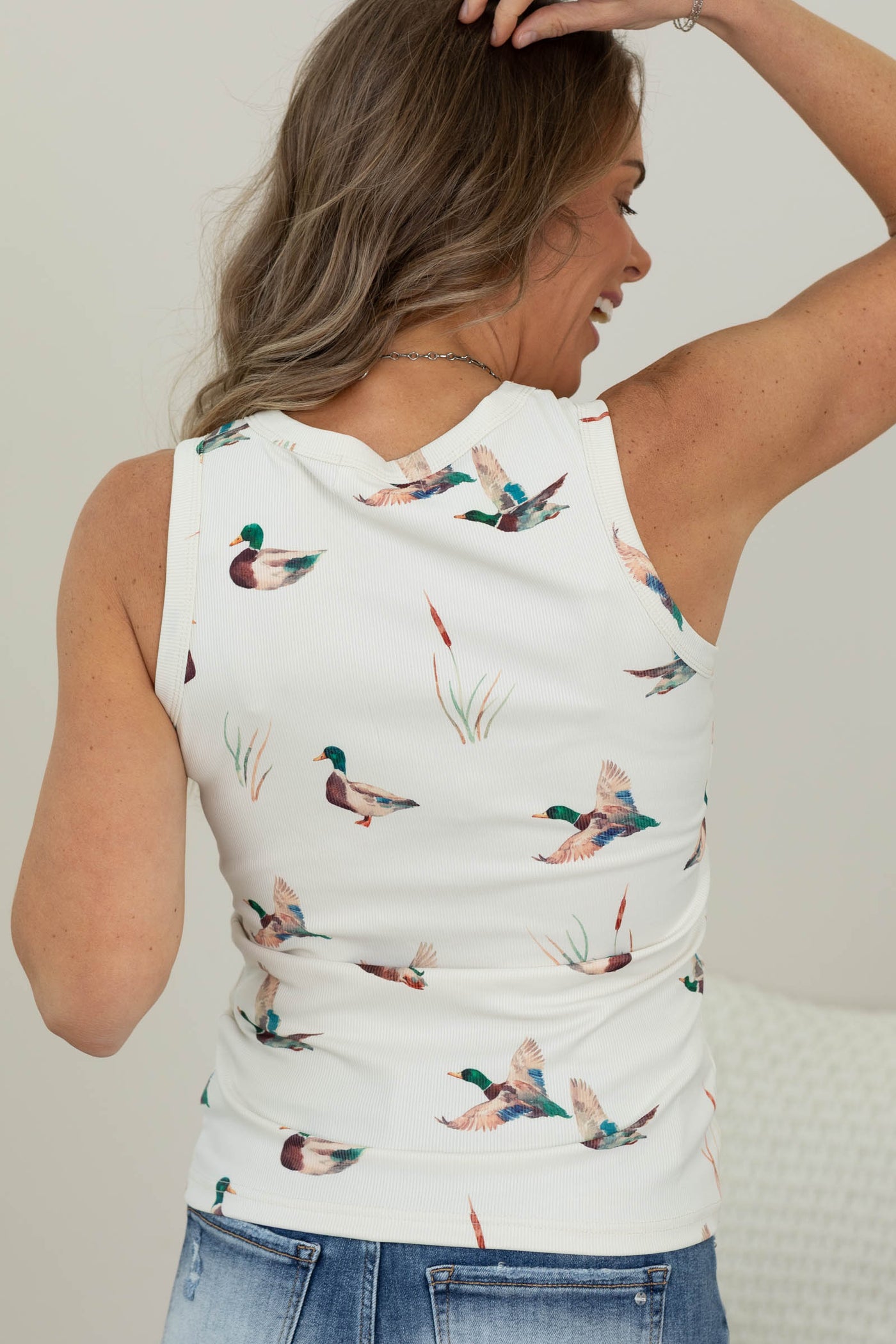 Dusty Cream Mallard Duck Print Rib Knit Tank Top