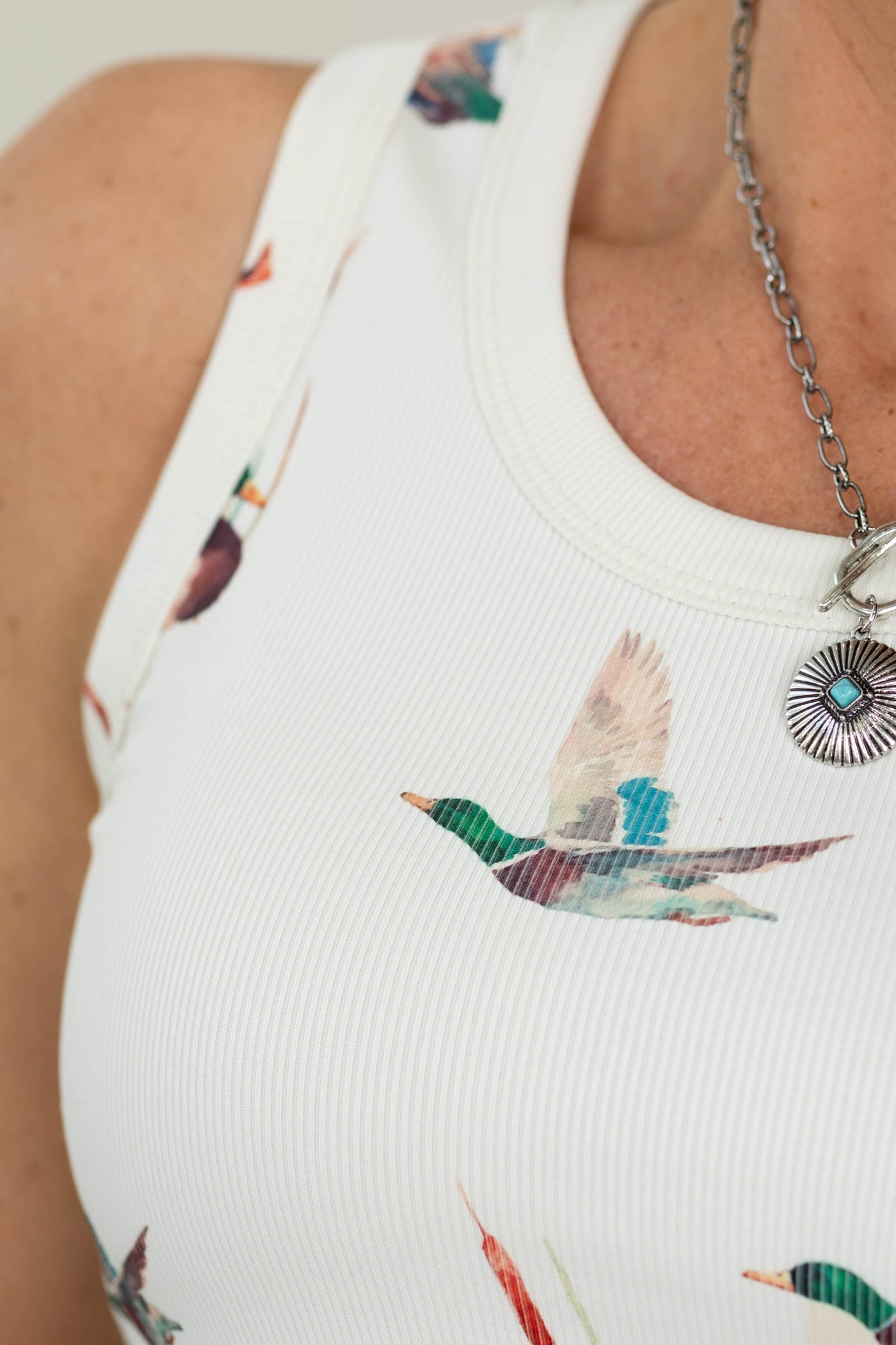 Dusty Cream Mallard Duck Print Rib Knit Tank Top