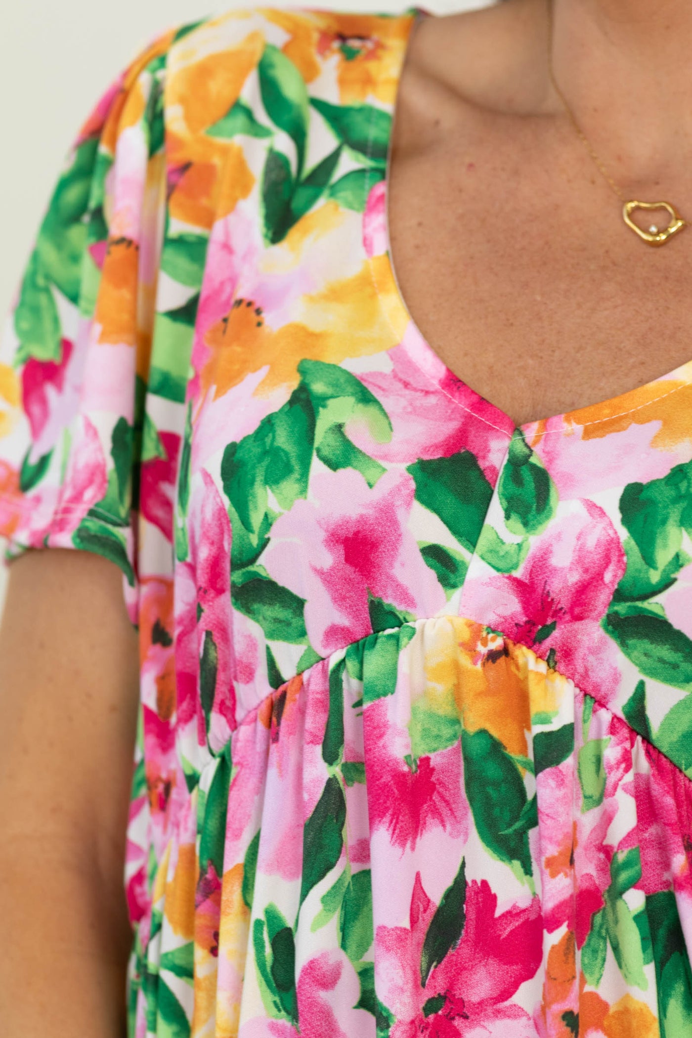 Pink And Marigold Floral Babydoll V-Neck Dress