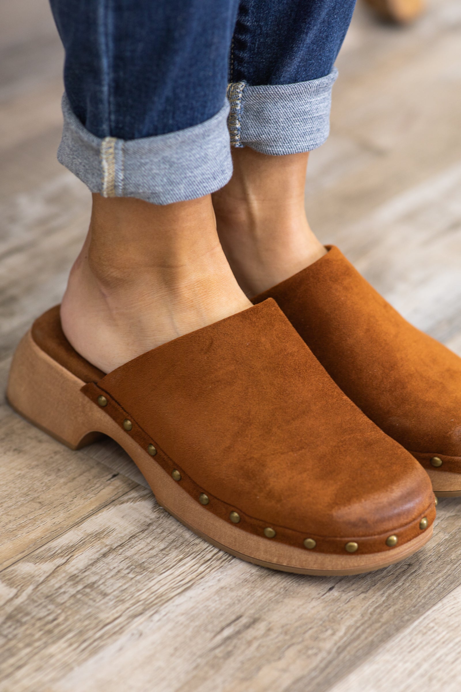 Cognac Closed Toe Clogs With Stud Detail