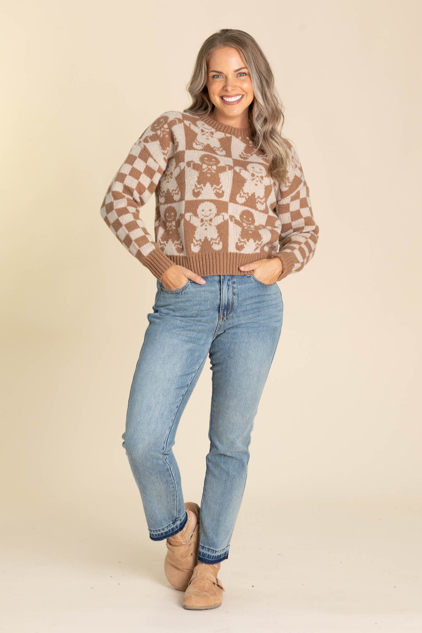 Mocha Checkered Gingerbread Print Sweater