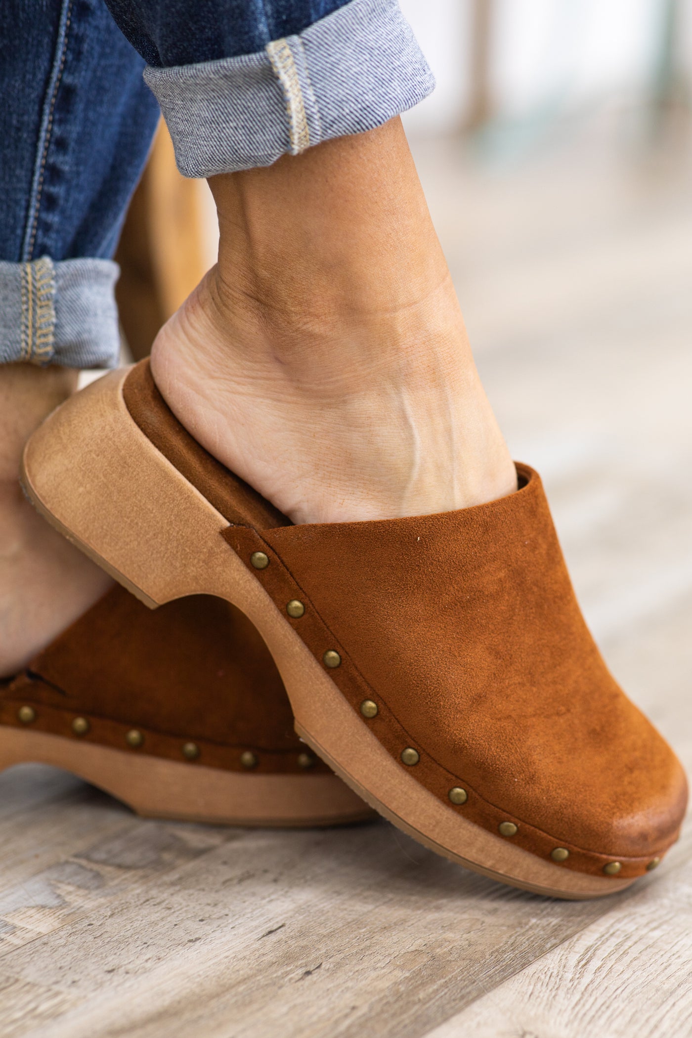 Cognac Closed Toe Clogs With Stud Detail