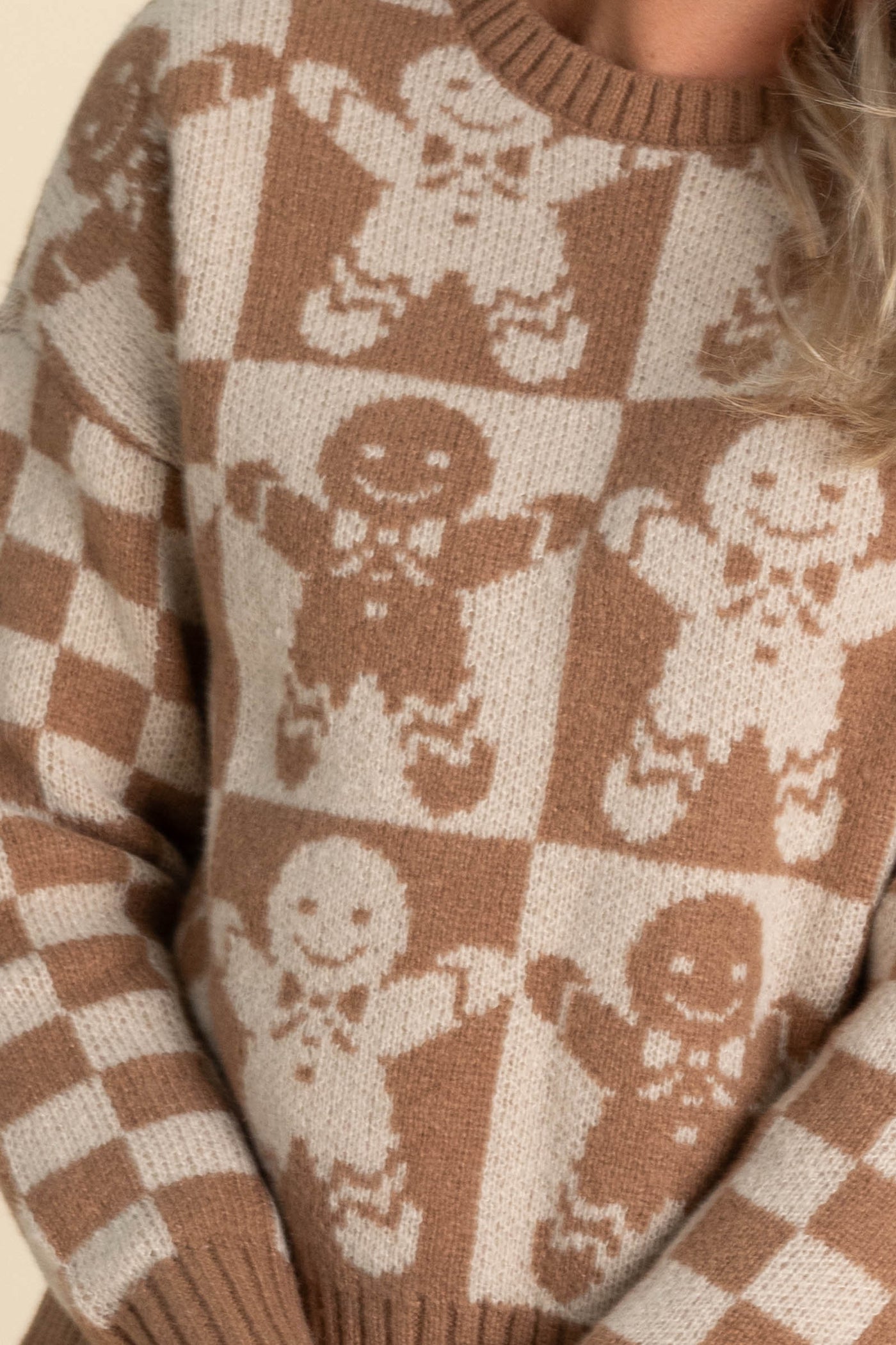 Mocha Checkered Gingerbread Print Sweater