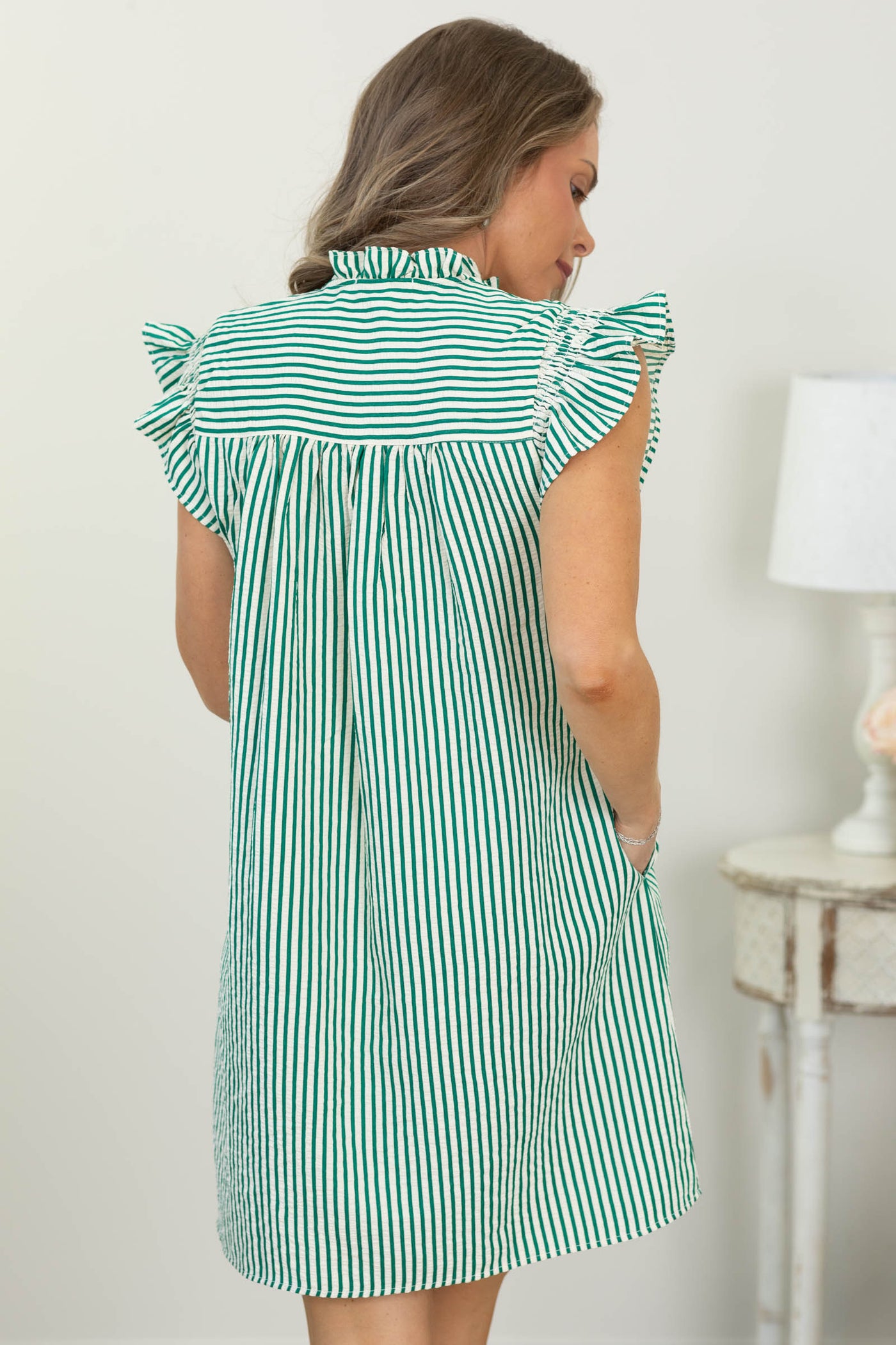Staccato Jade Frilled Neck Smocked Sleeve Striped Dress