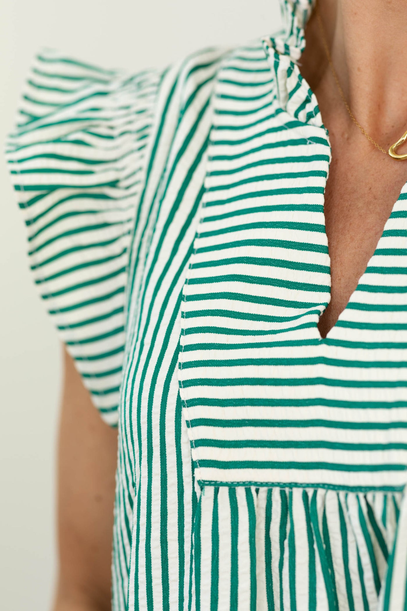 Staccato Jade Frilled Neck Smocked Sleeve Striped Dress