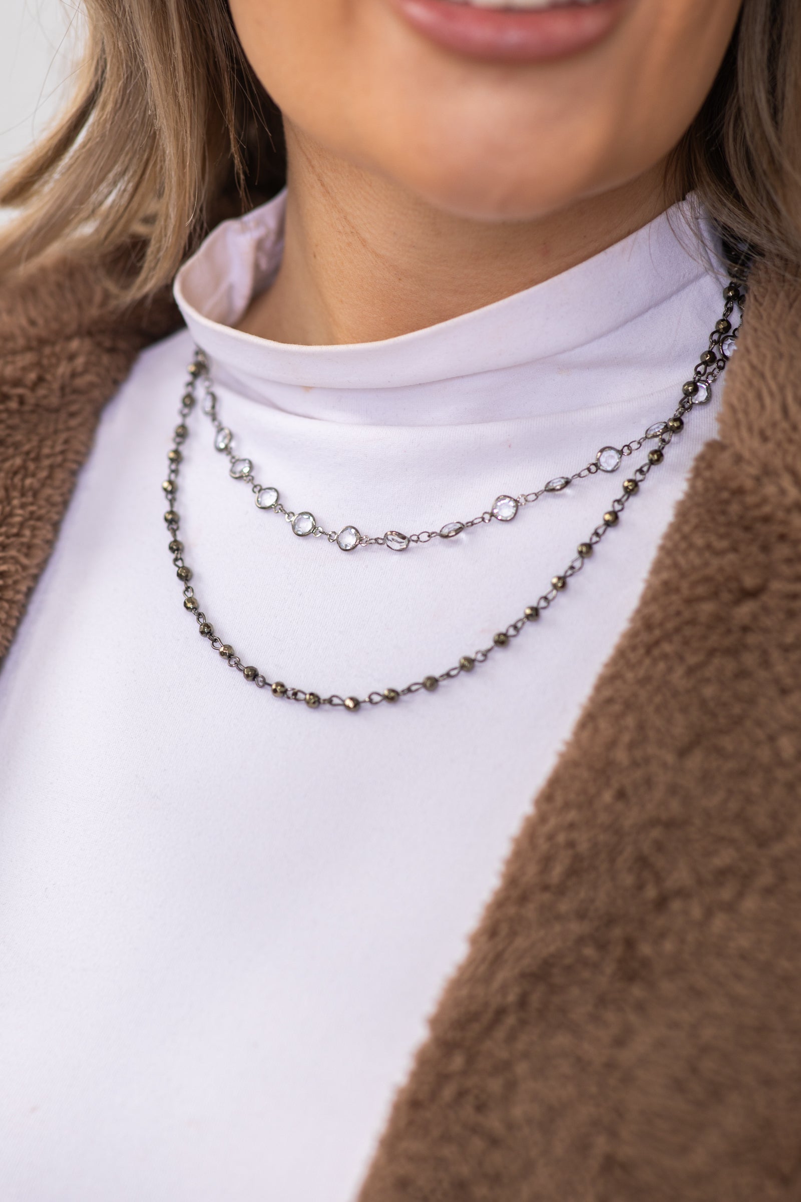 Gunmetal and Clear Double Strand Necklace