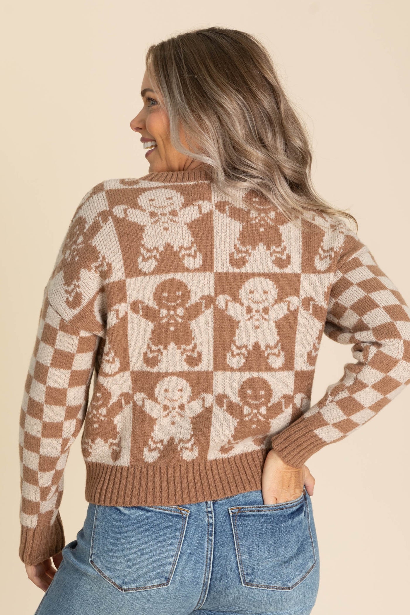 Mocha Checkered Gingerbread Print Sweater