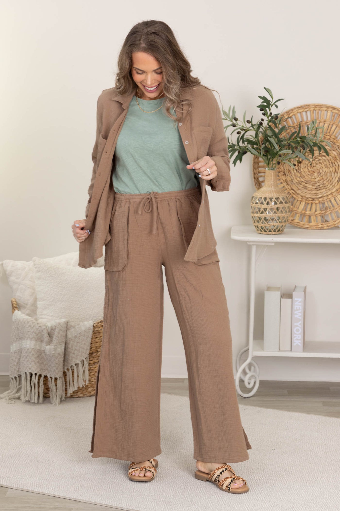 Mocha Gauze Pants With Side Cinched Ties