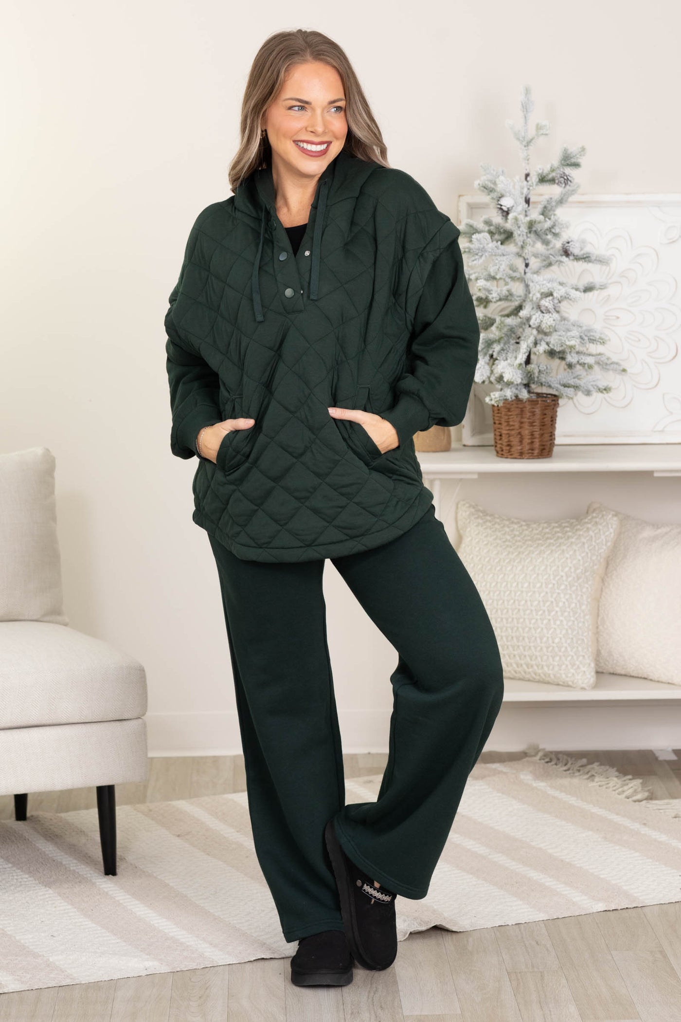 Emerald Green Quilted Terry Mixed Snap Hoodie