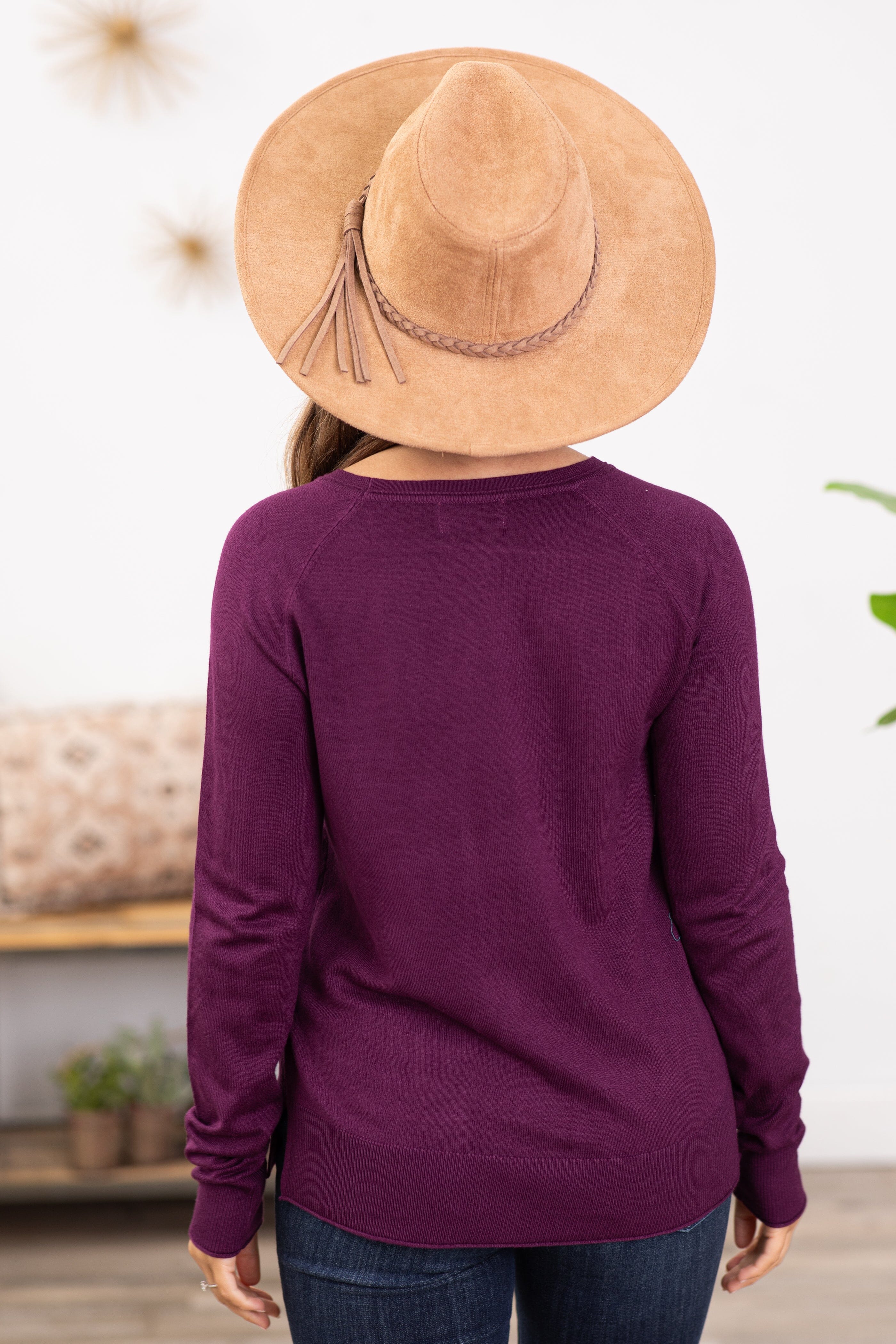 Dark Berry Lightweight Sweater With Side Slit - Filly Flair