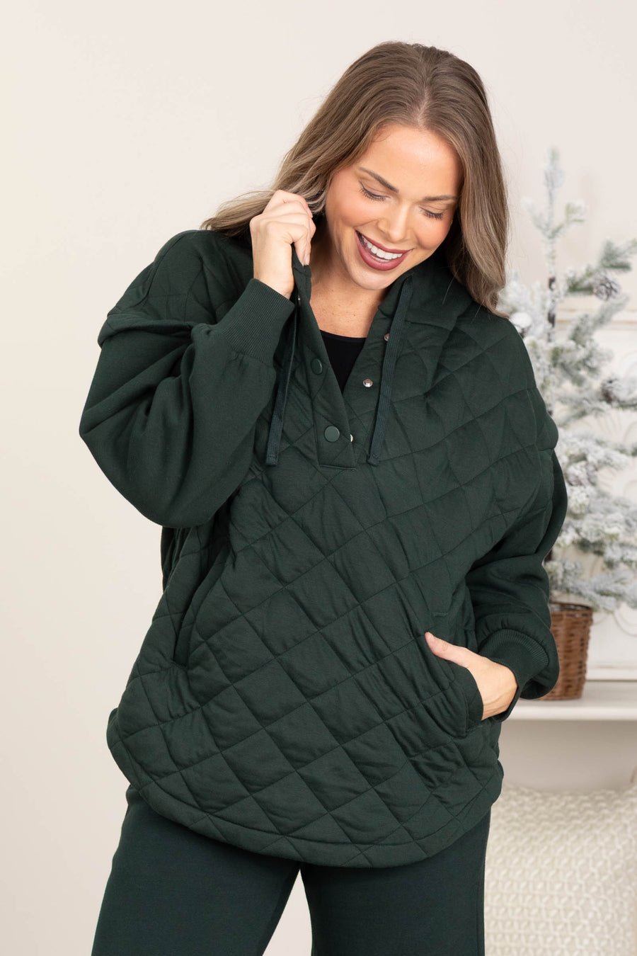 Emerald Green Quilted Terry Mixed Snap Hoodie