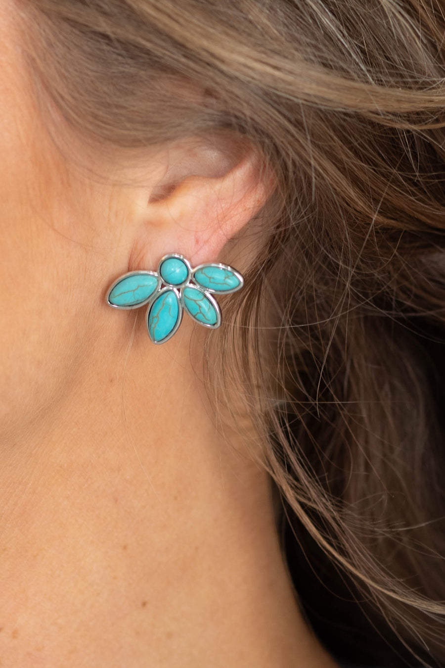 Half Turquoise Flower Silver Earrings