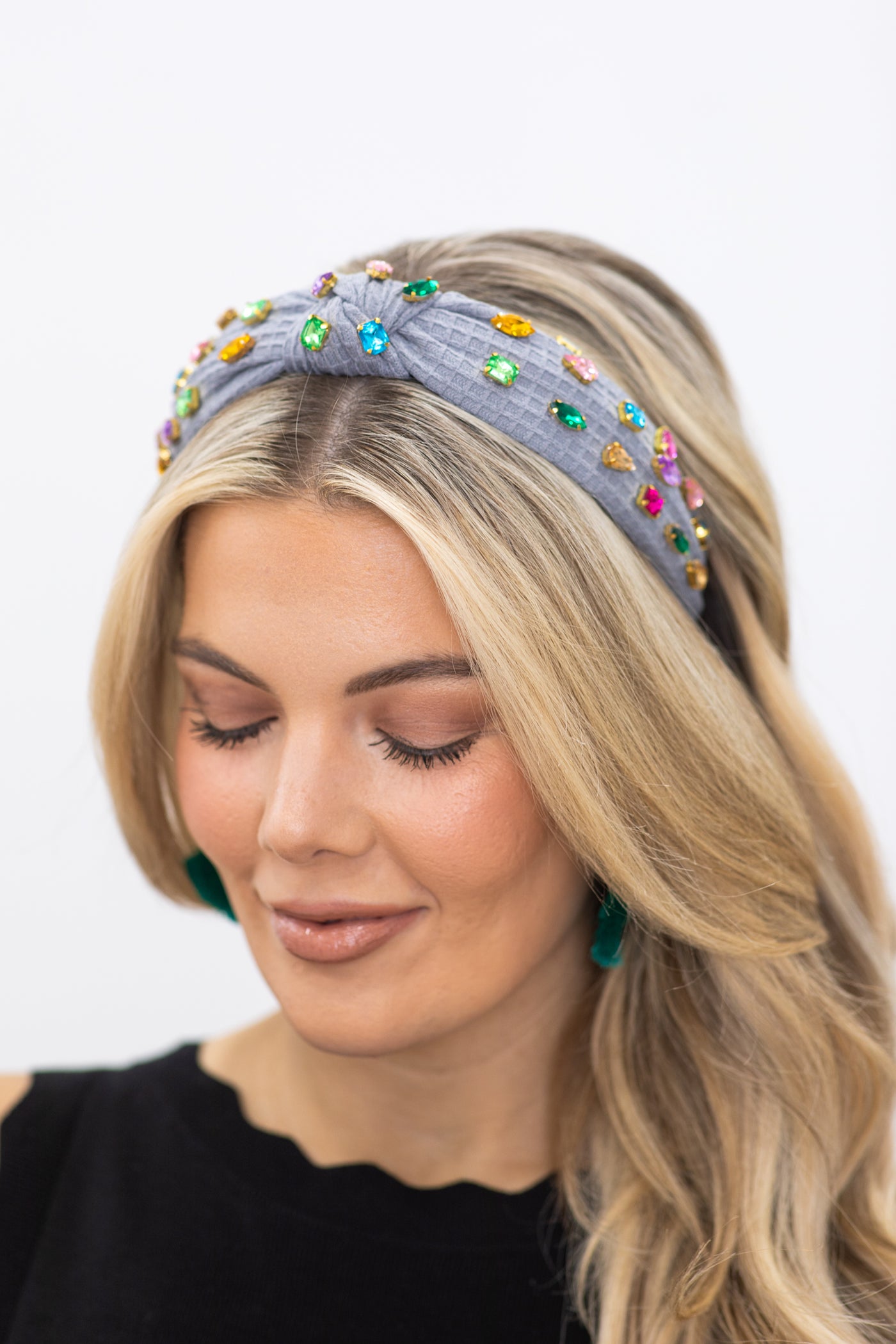 Grey Waffle Knit Headband With Crystals