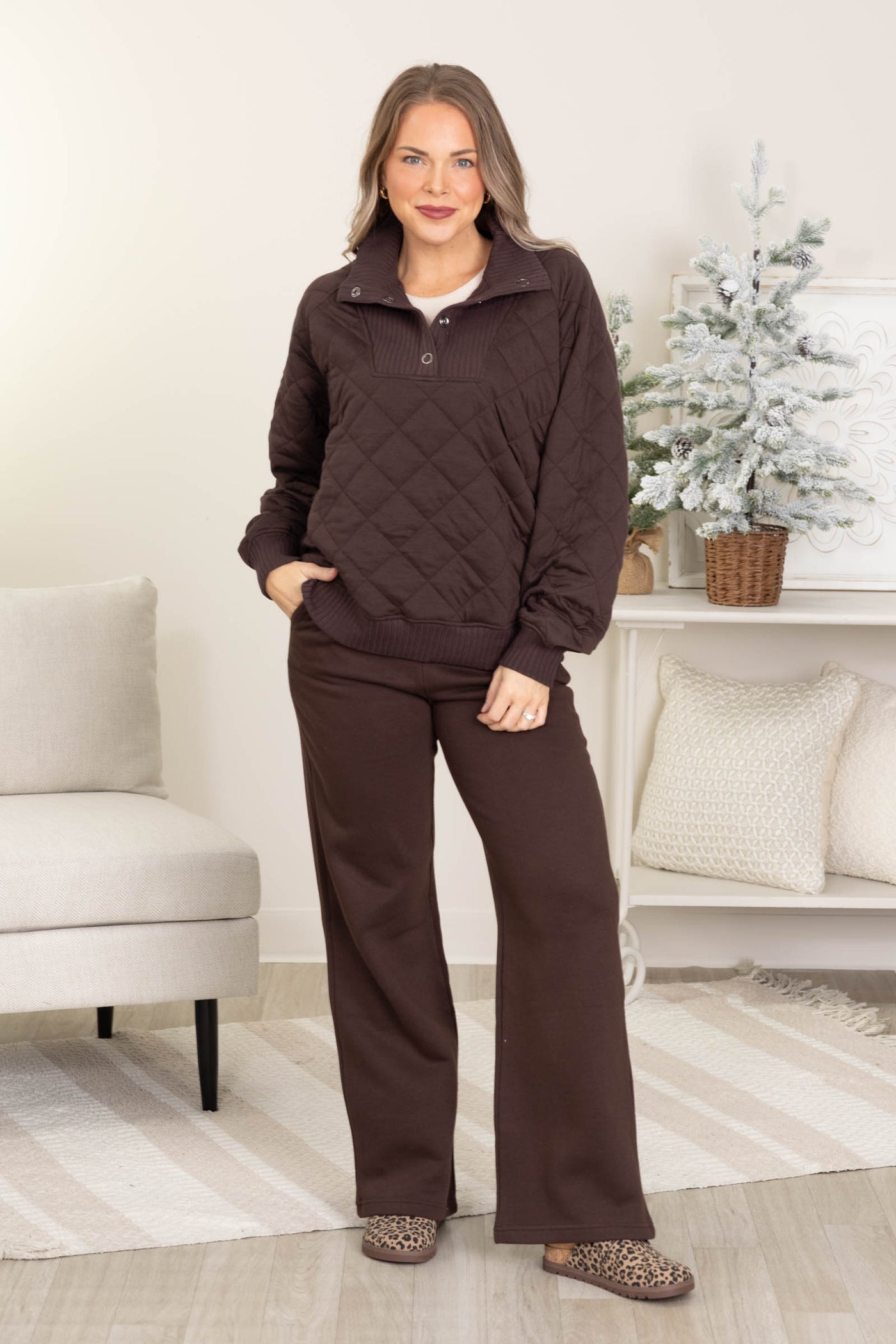 Brown Quilted Snap Pullover