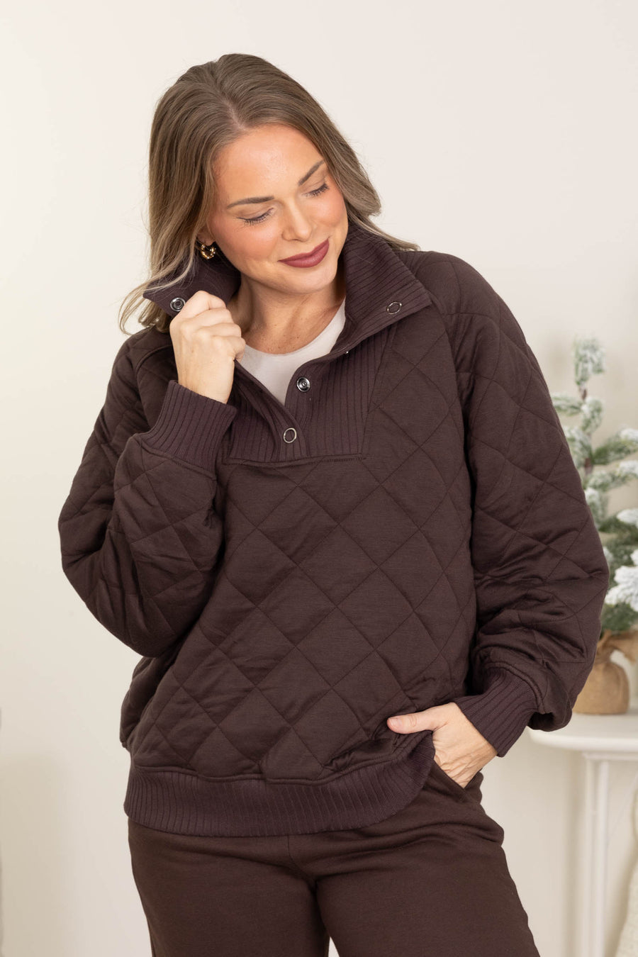 Brown Quilted Snap Pullover