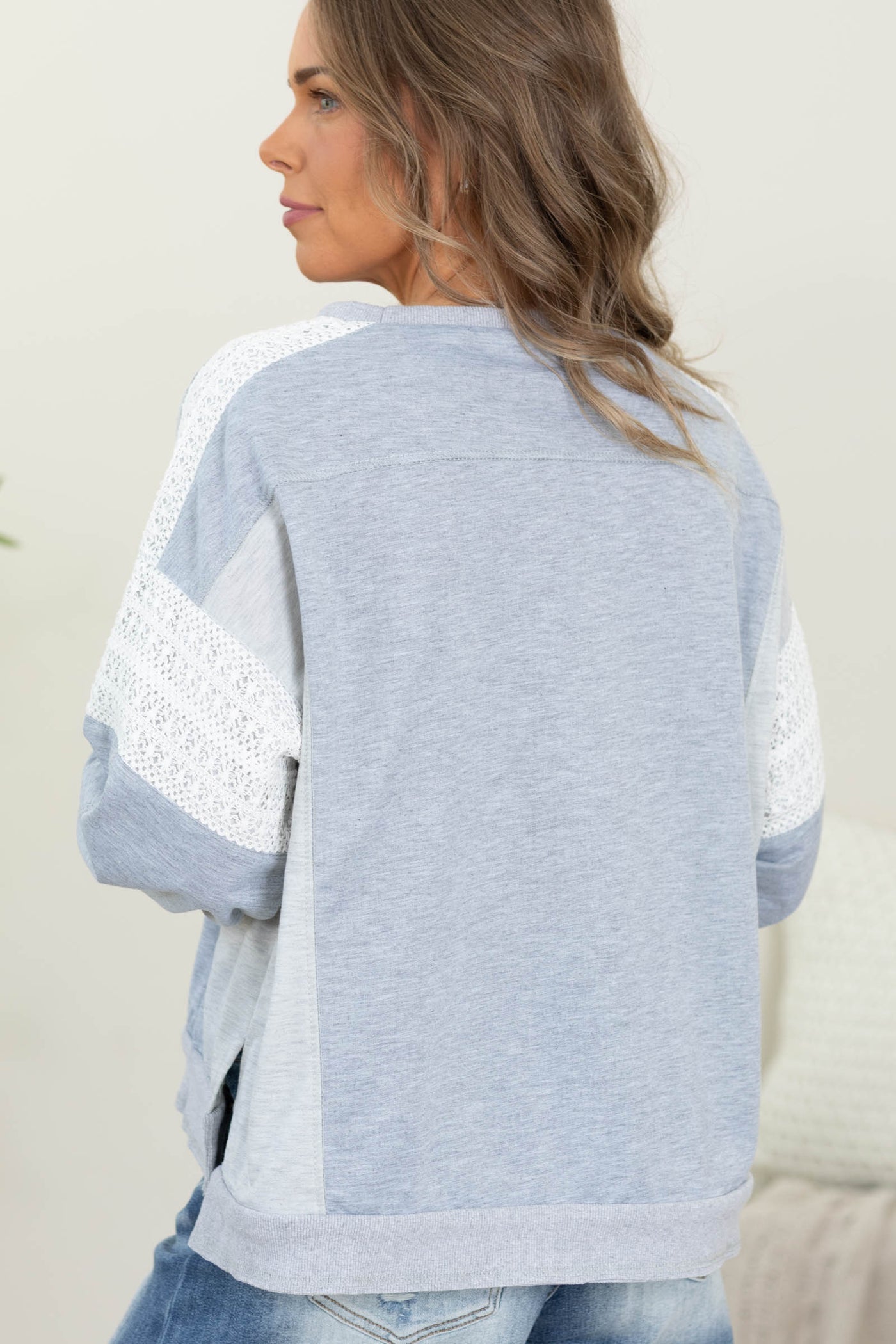 Heather Grey Lace French Terry Color Block Pullover