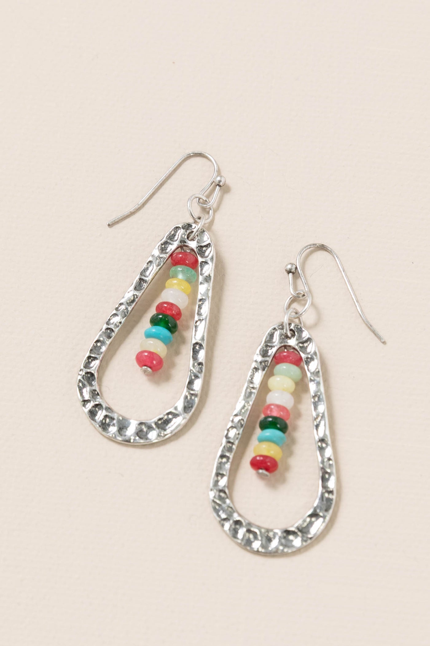 Silver Hammered Teardrop Earrings With Beads