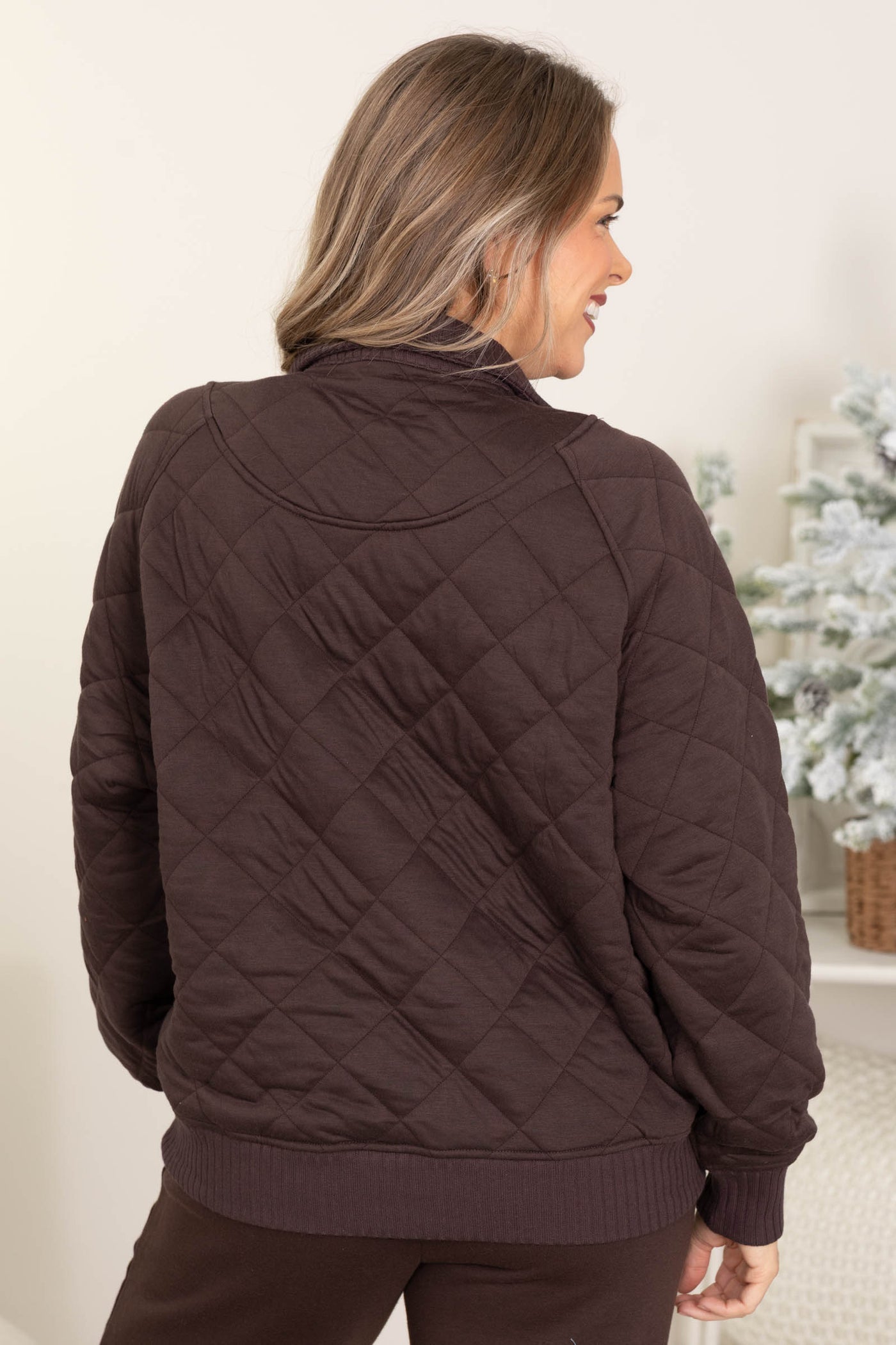 Brown Quilted Snap Pullover