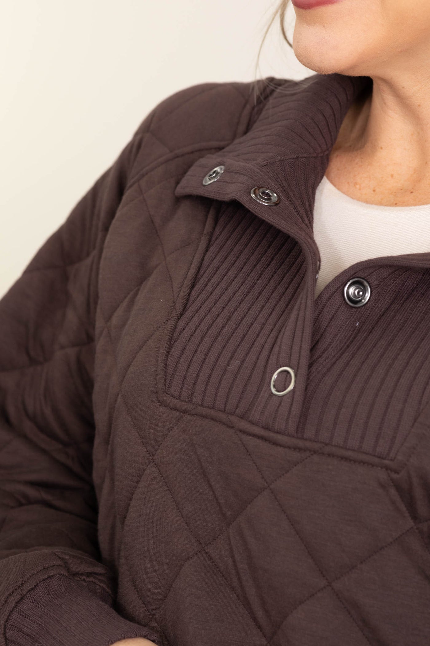 Brown Quilted Snap Pullover