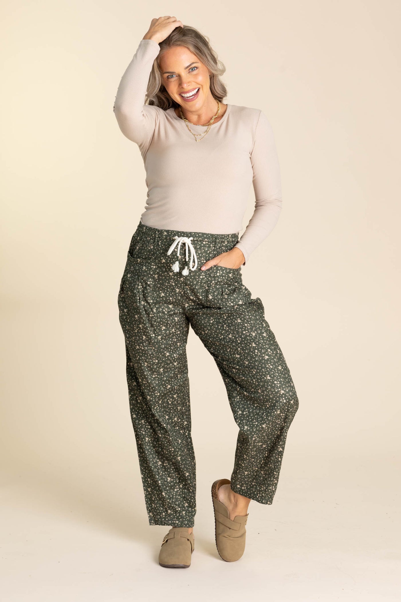 Olive Ditsy Print Drawstring Barrel Pants