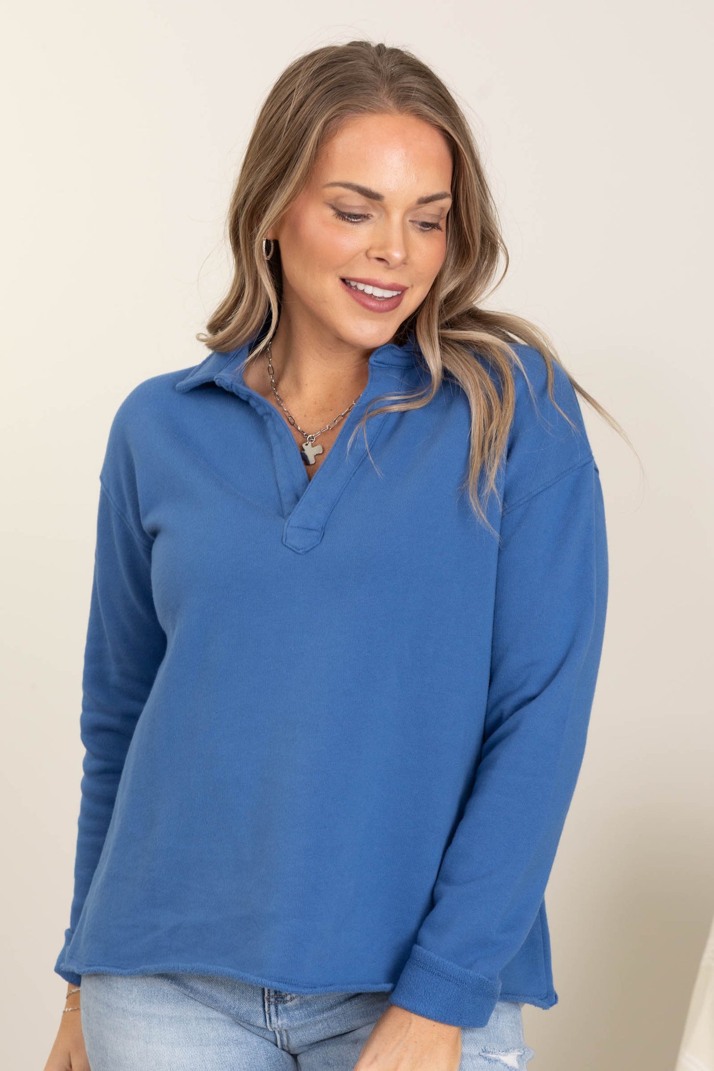 Raw Edge French Terry Top With V-Neck
