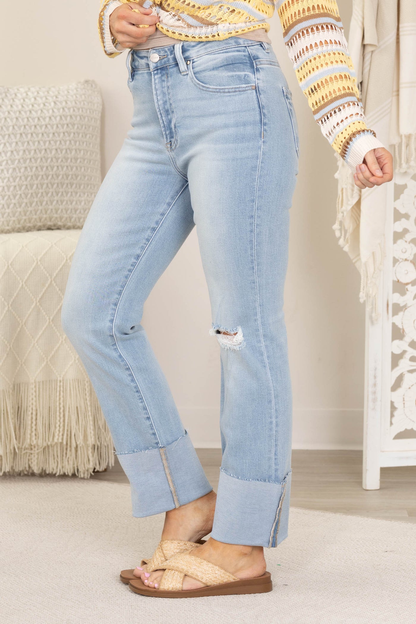 Risen High Rise Ankle Straight Wide Cuffed Jeans