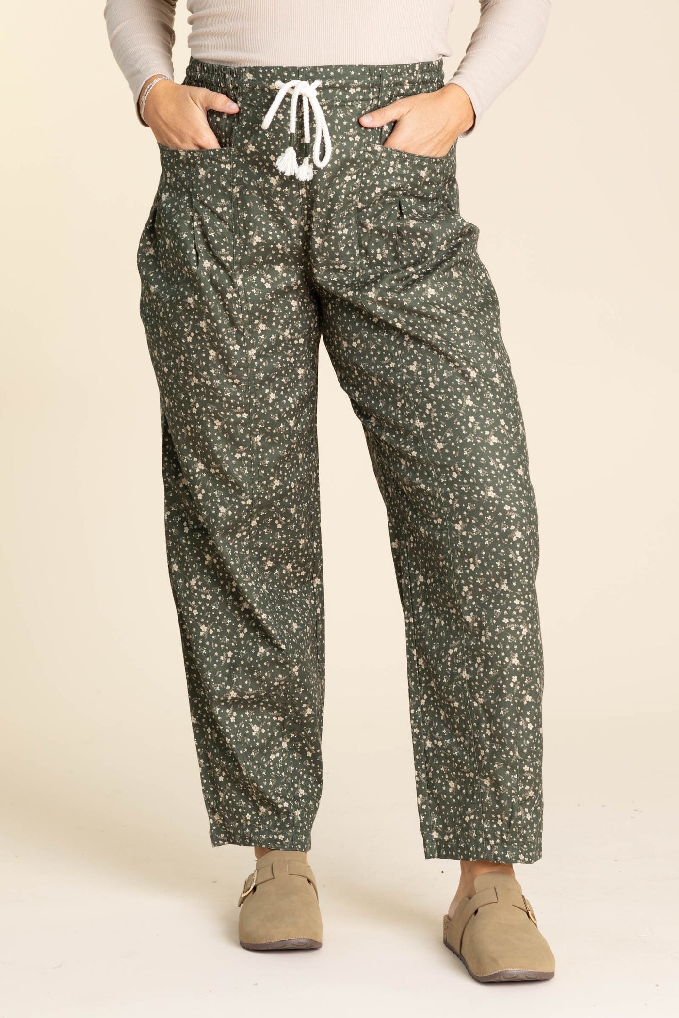 Olive Ditsy Print Drawstring Barrel Pants
