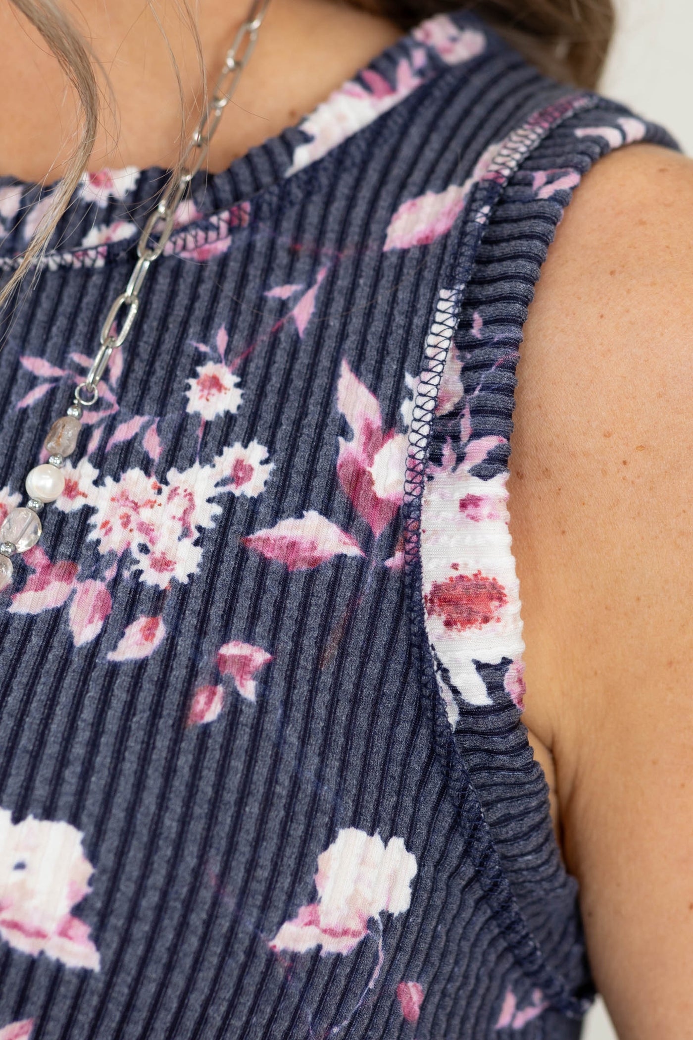 Navy Sleeveless Floral Ribbed Knit Tank