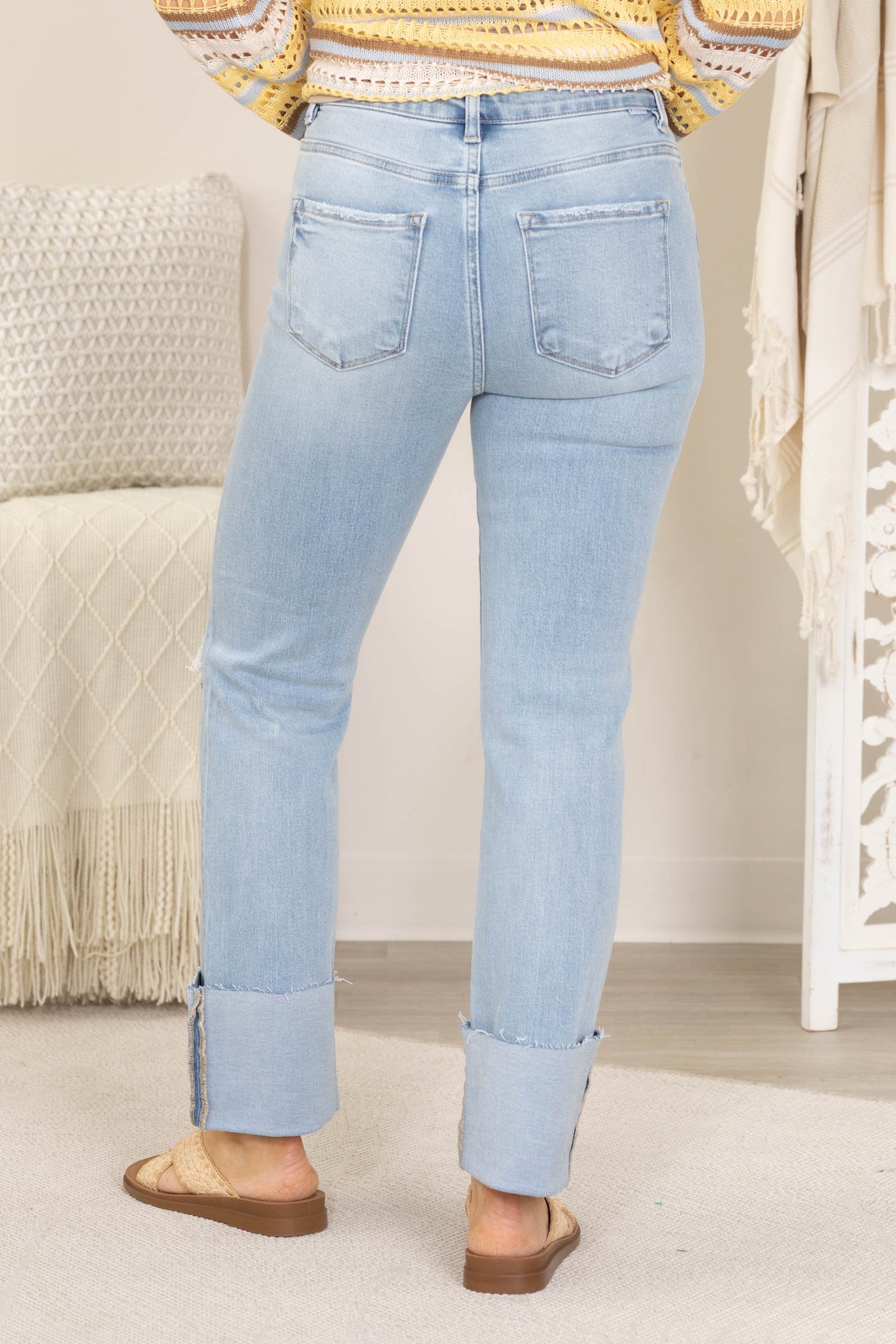 Risen High Rise Ankle Straight Wide Cuffed Jeans
