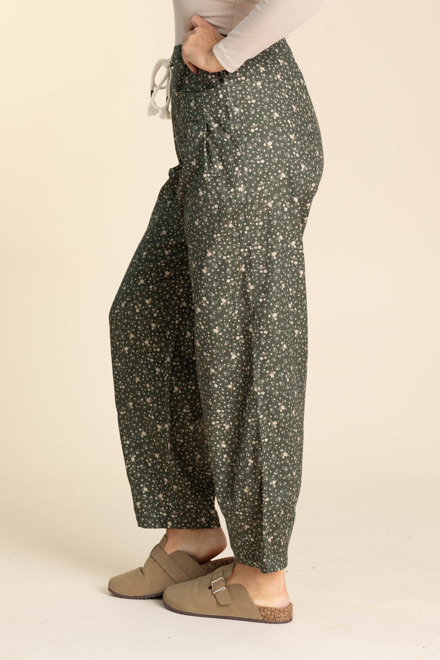 Olive Ditsy Print Drawstring Barrel Pants
