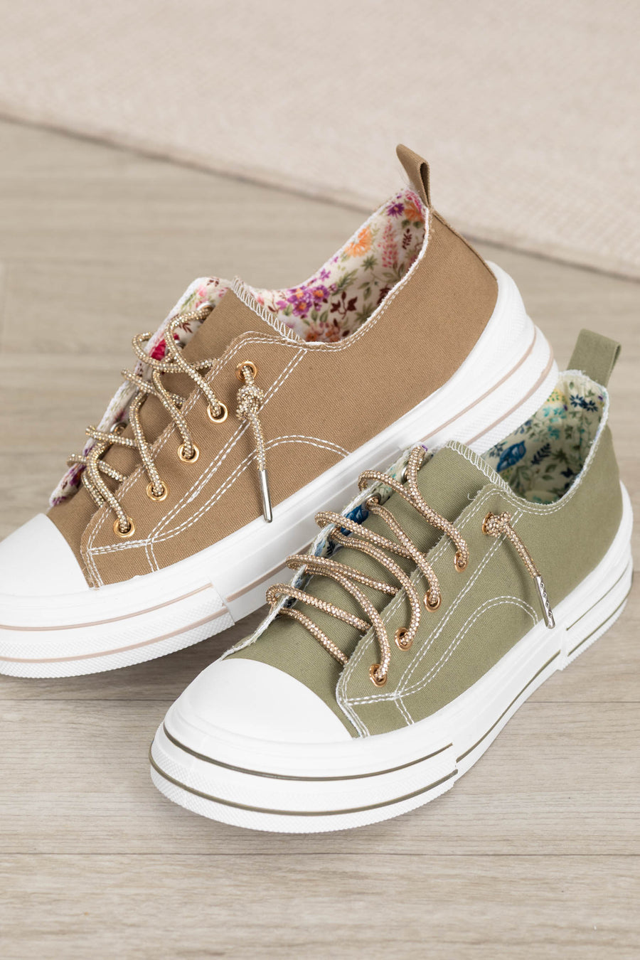 Canvas Platform Sneakers With Gold Sparkle Lace