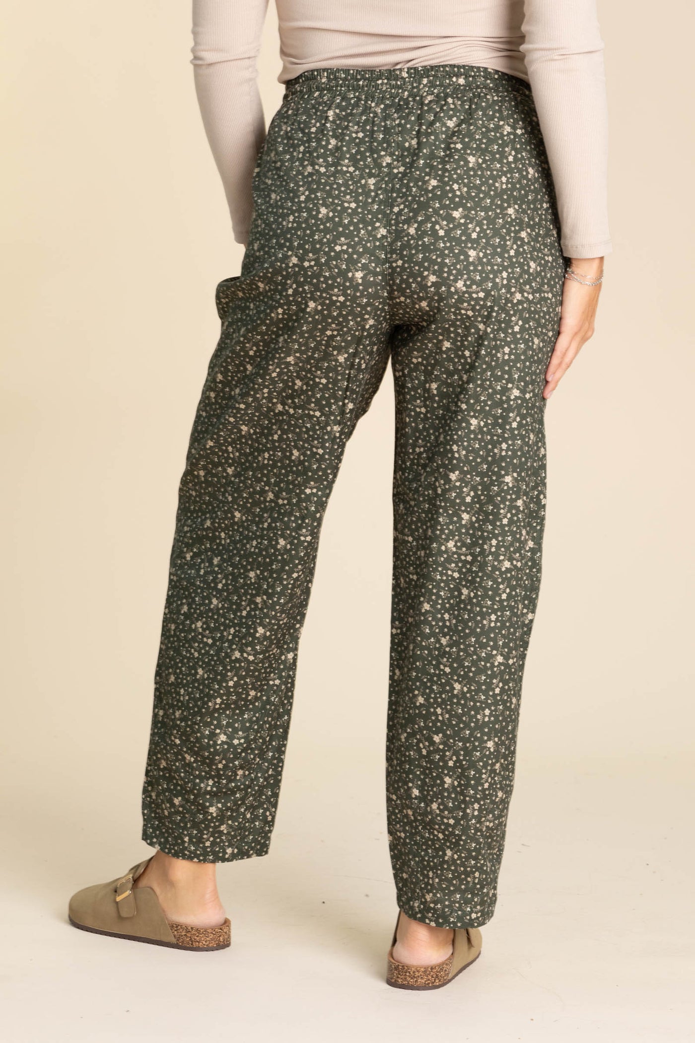 Olive Ditsy Print Drawstring Barrel Pants