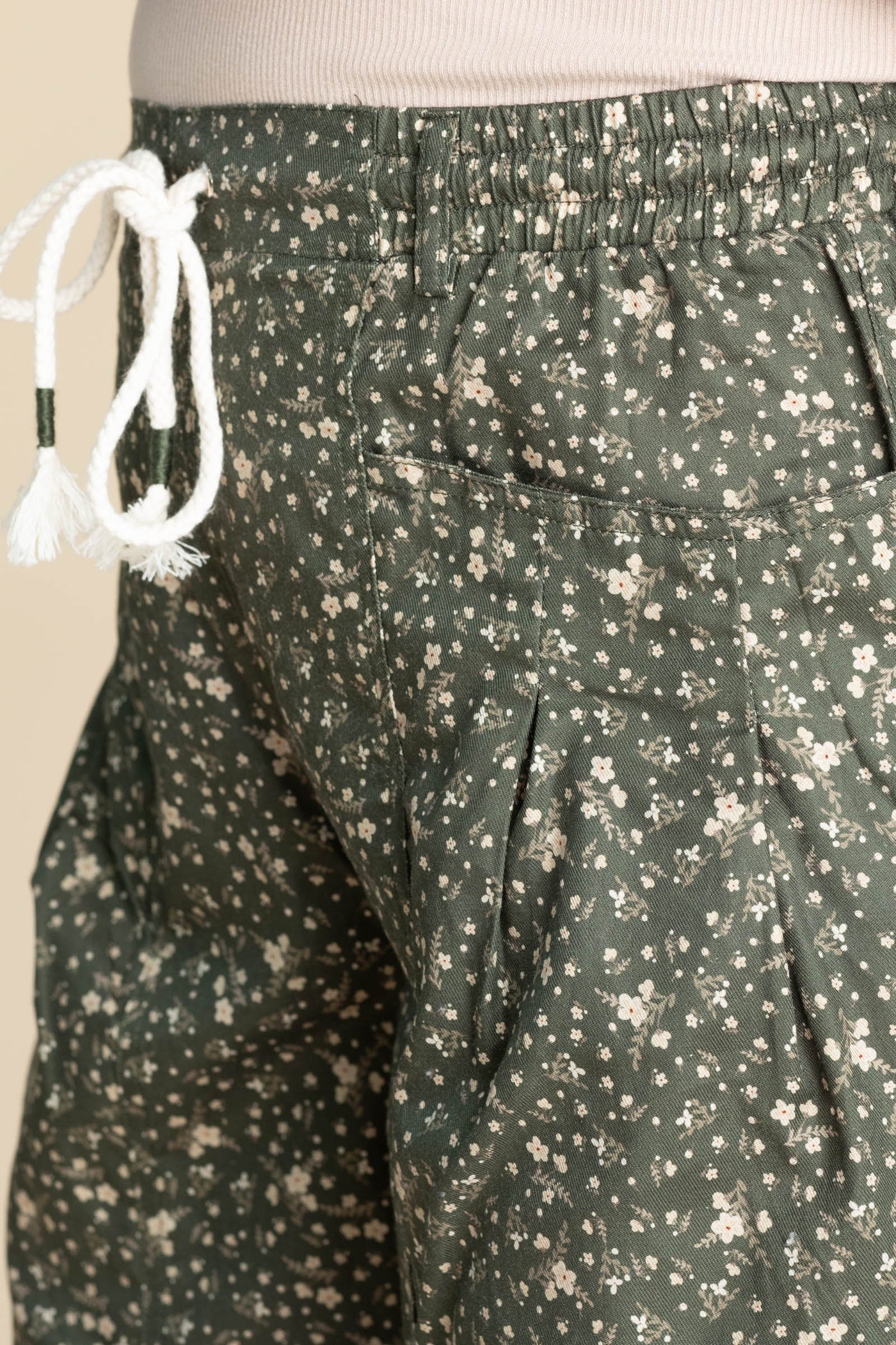 Olive Ditsy Print Drawstring Barrel Pants