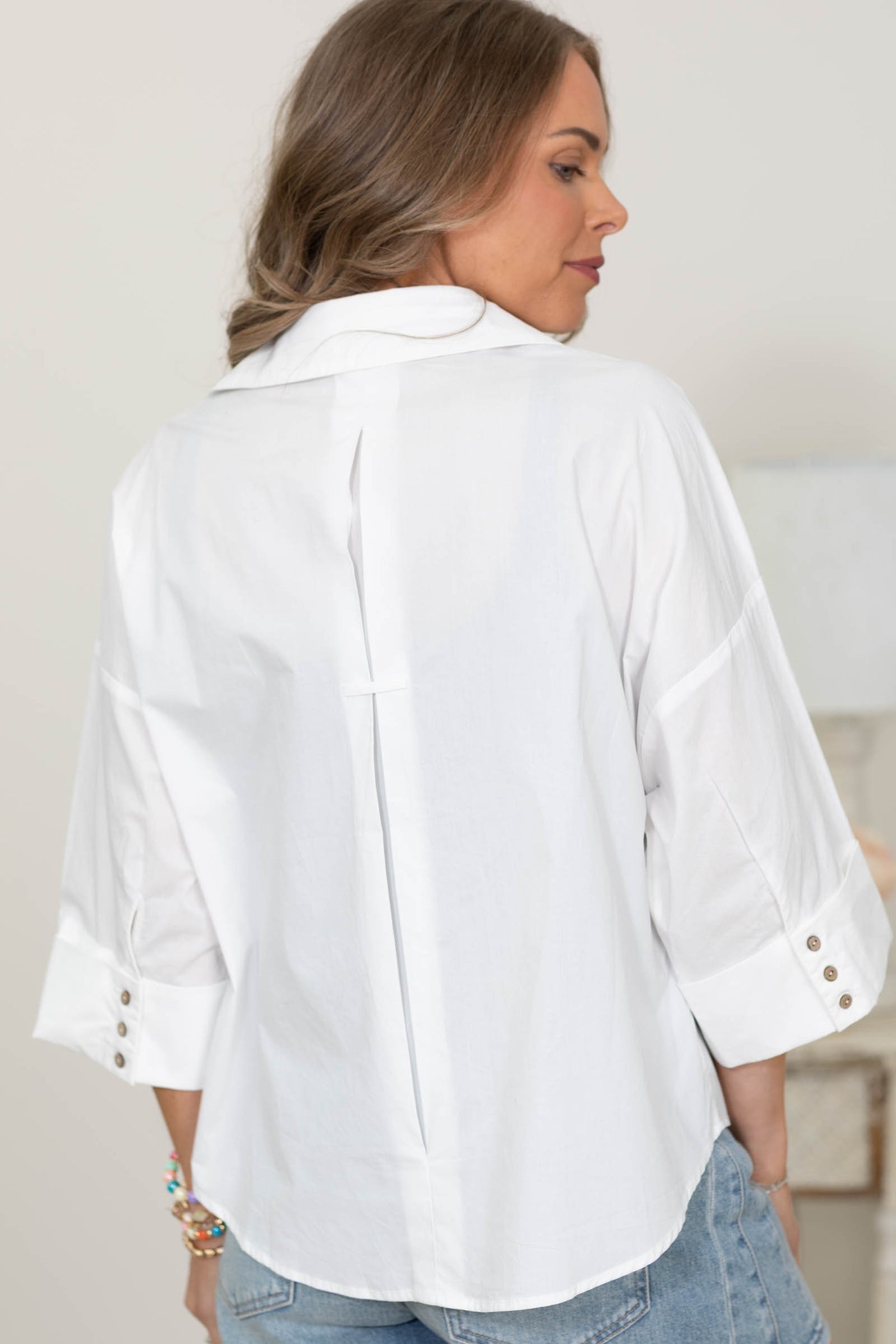 Off White Back Pleat Button Down Woven Top- 100% Cotton