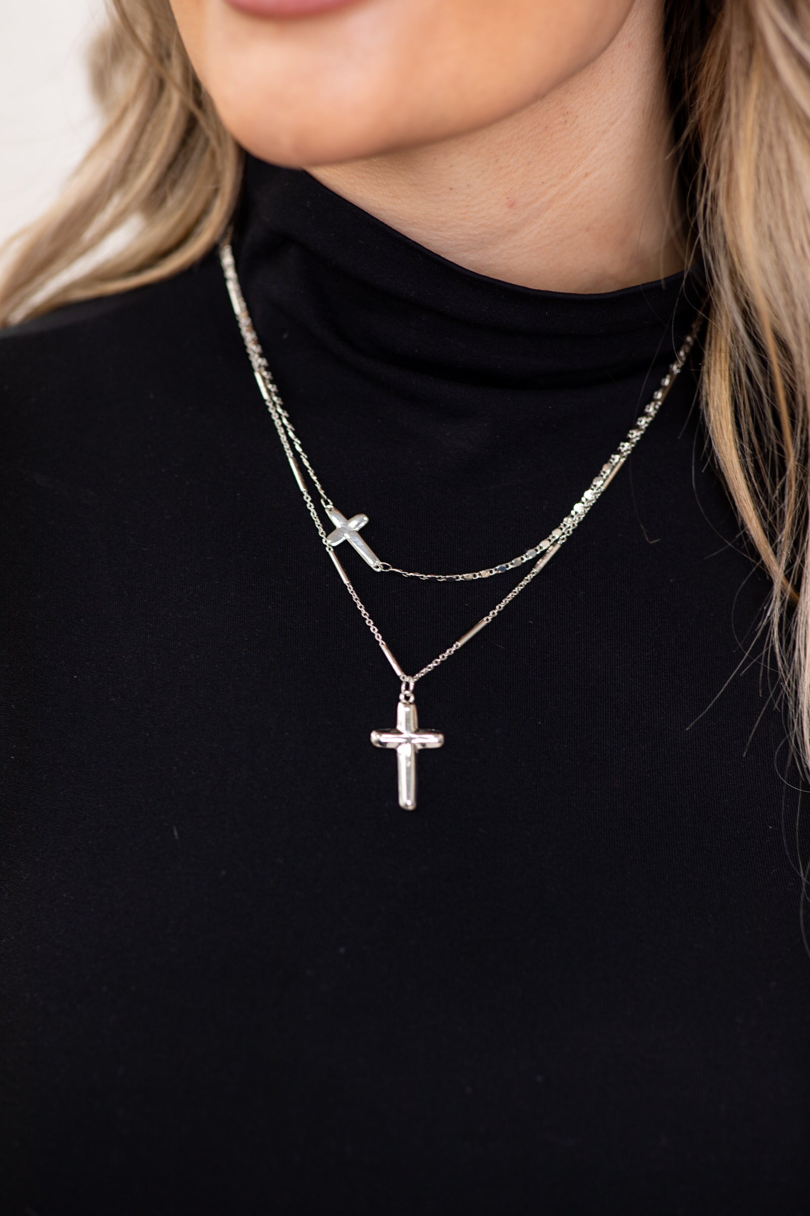 Silver Double Layer Necklace With Cross