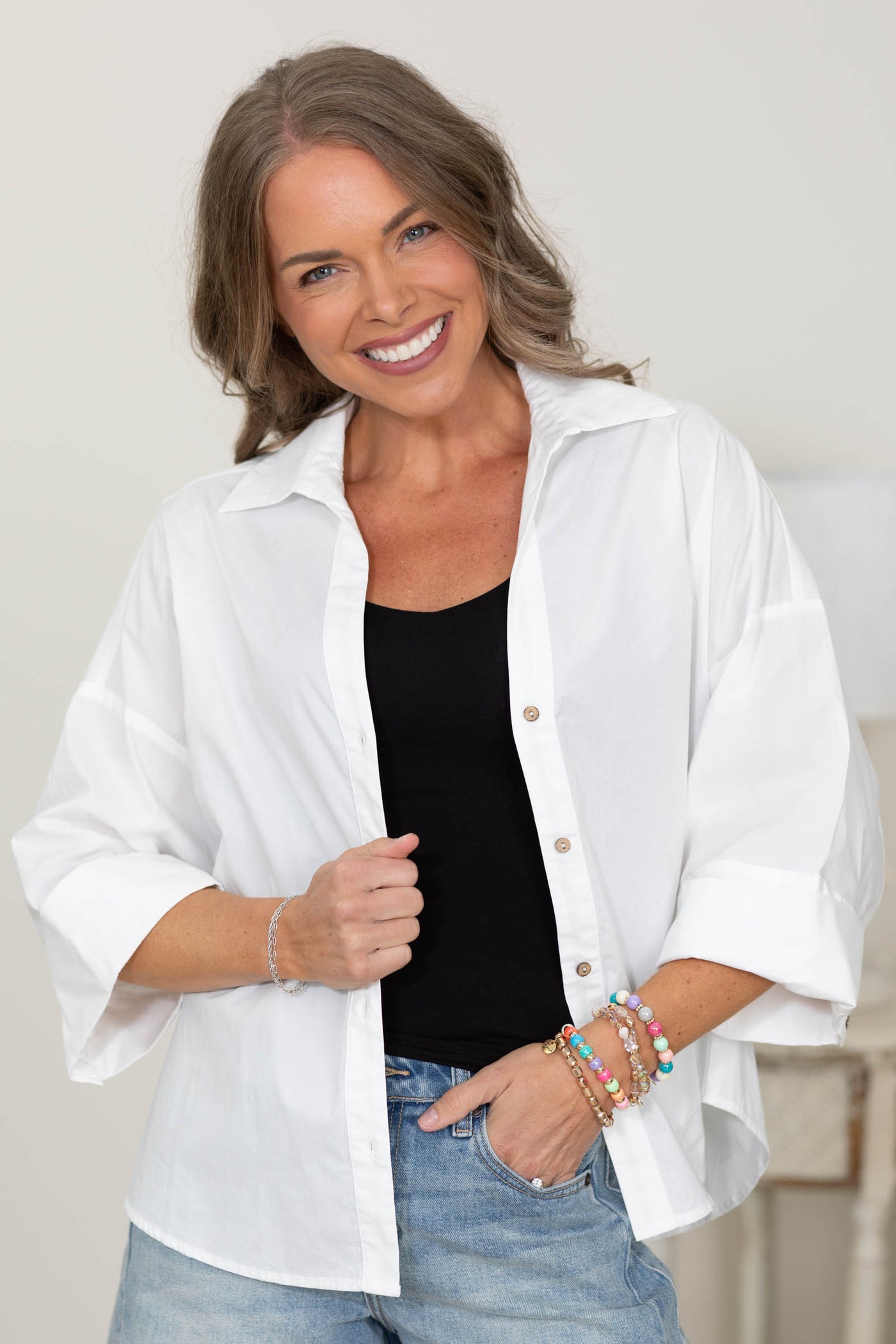 Off White Back Pleat Button Down Woven Top- 100% Cotton