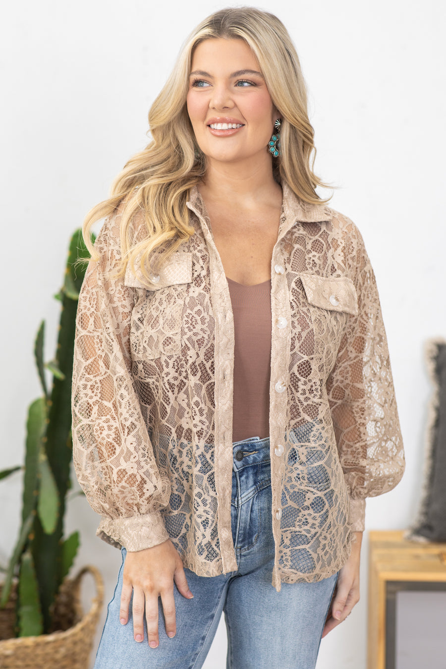 Taupe Lace Button Up Shacket