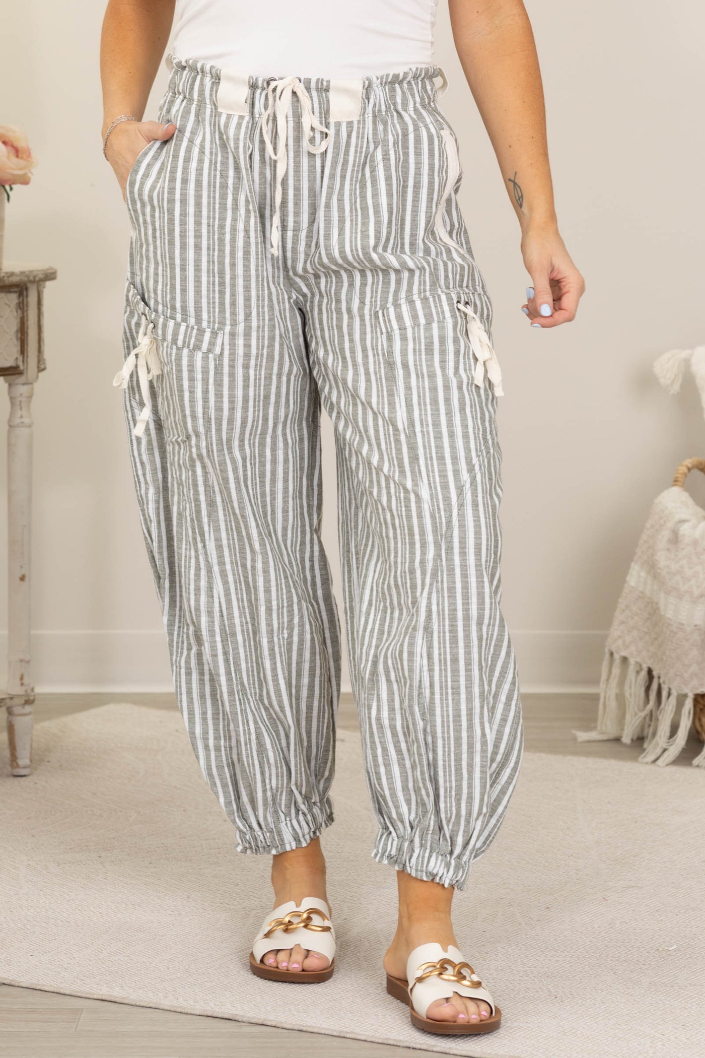 Olive Soft Washed Striped Jogger Pants