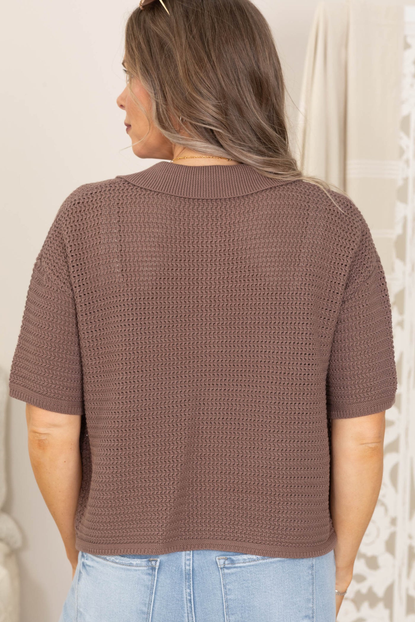 Brown Short Sleeve Button Up Sweater Top