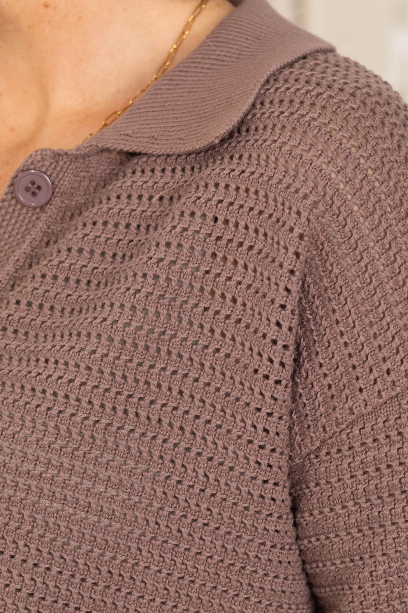 Brown Short Sleeve Button Up Sweater Top