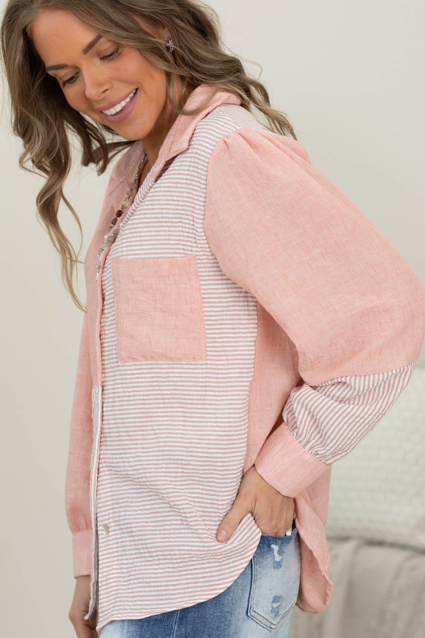 Relaxed Fit Mixed Pattern Button Down Shirt