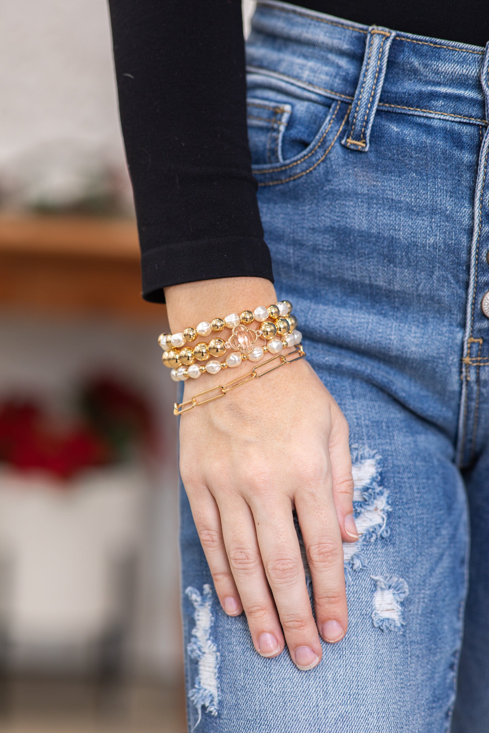 Gold Pearl Bead Bracelet Set