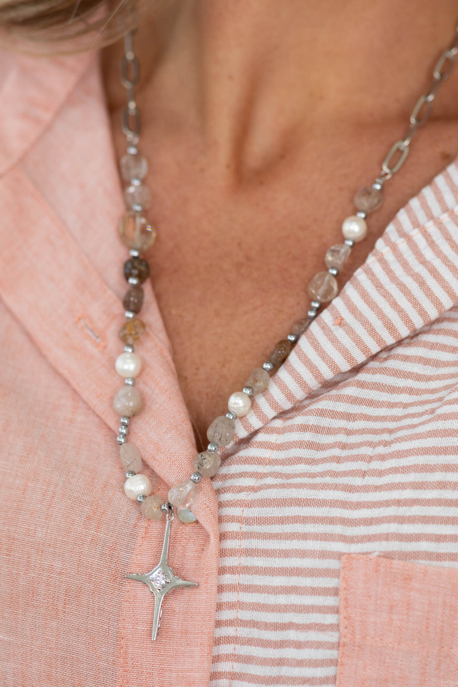 Silver Mixed Beads And Starburst Pendant Necklace