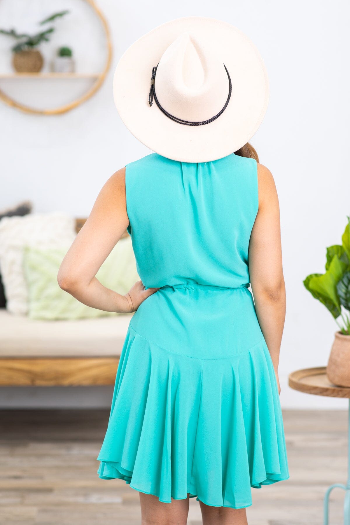 Turquoise V-Neck Self Tie Godet Skirt Dress - Filly Flair