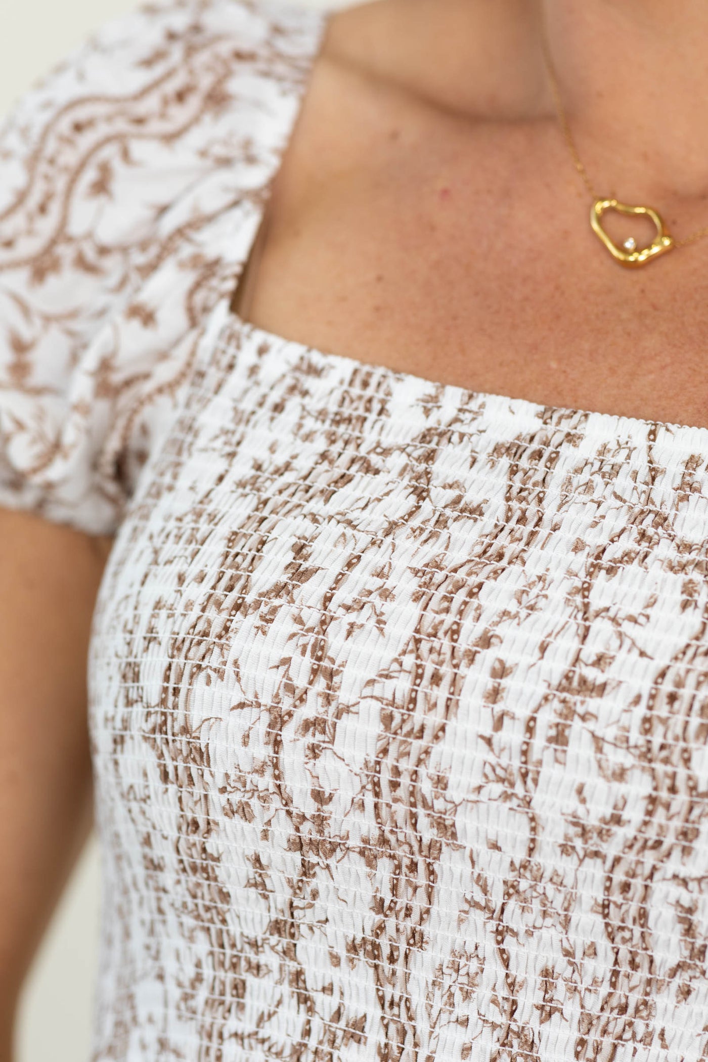 Tan Wavy Floral Pattern Smocked Midi Dress