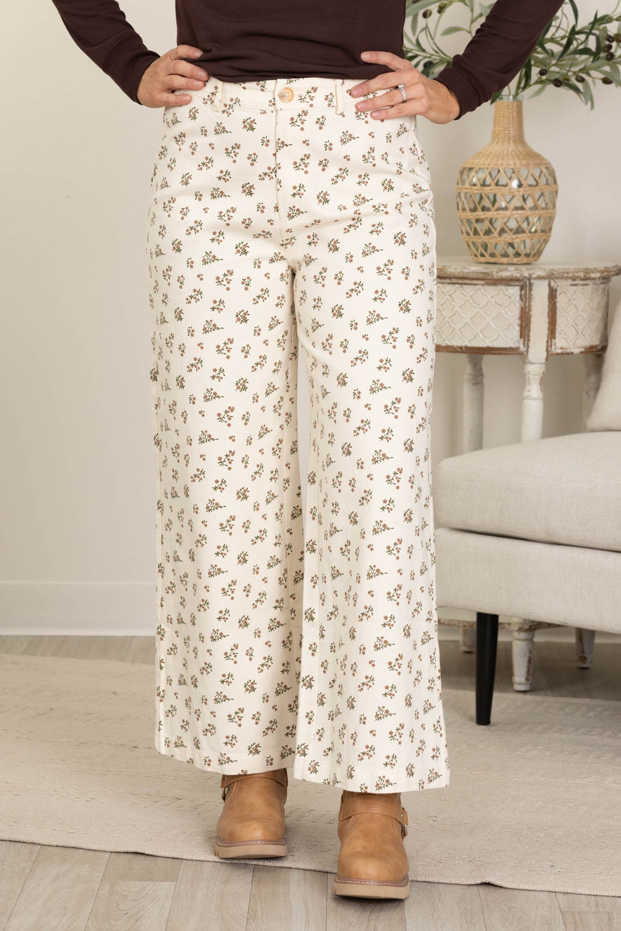 Cream Floral Denim Pants