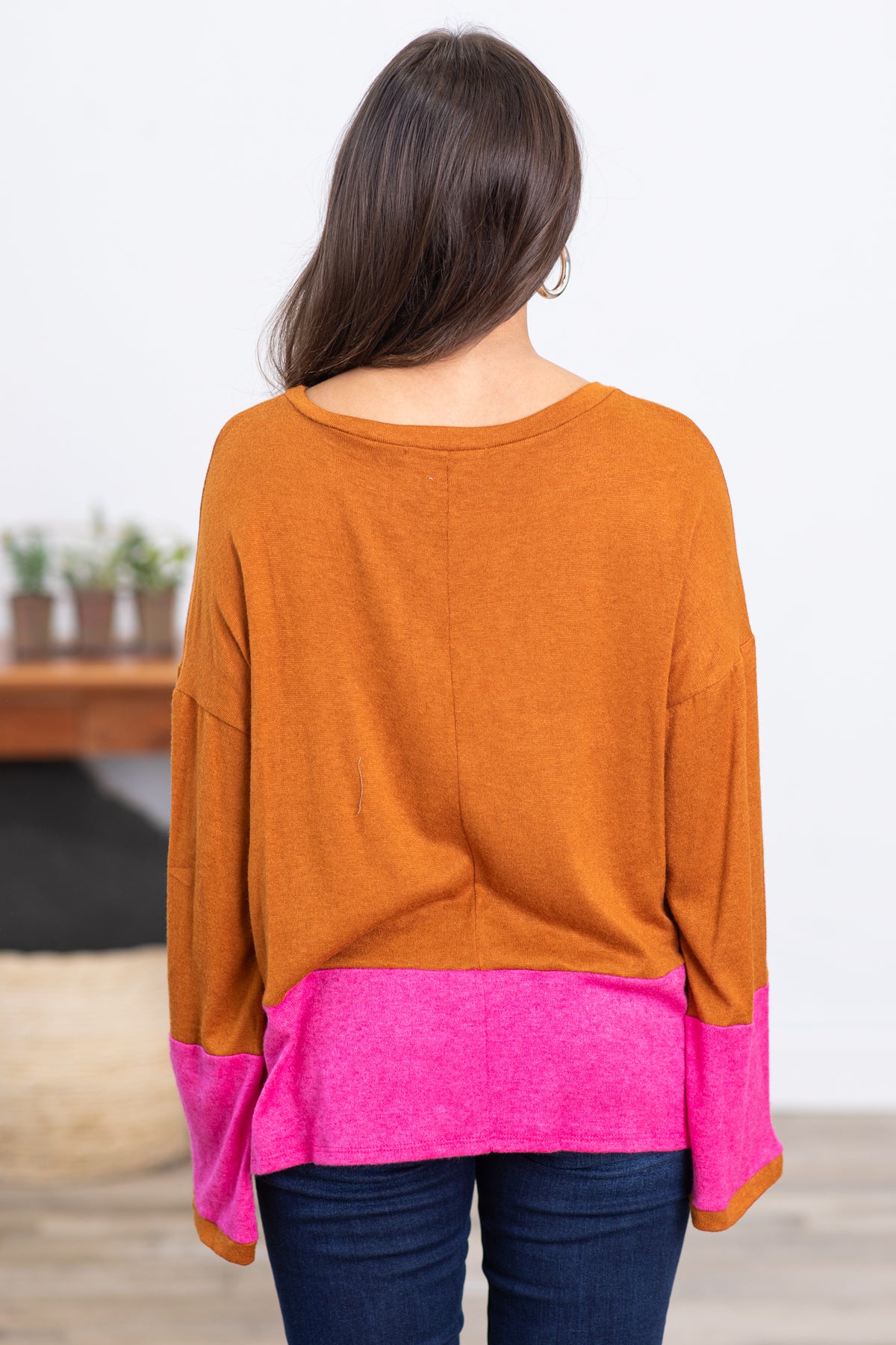 Pink Colorblock Top Cognac and Hot Pink Colorblock Bell Sleeve Top · Filly Flair